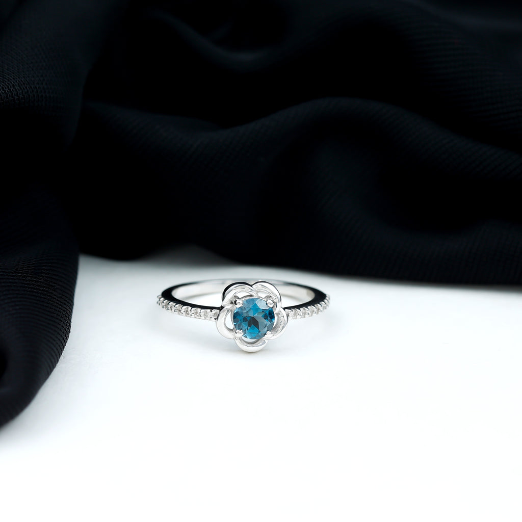 1/2 CT Floral London Blue Topaz and Diamond Promise Ring London Blue Topaz - ( AAA ) - Quality - Rosec Jewels