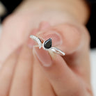 Pear Shape Black Onyx Solitaire Cuff Ring with Diamond Black Onyx - ( AAA ) - Quality - Rosec Jewels