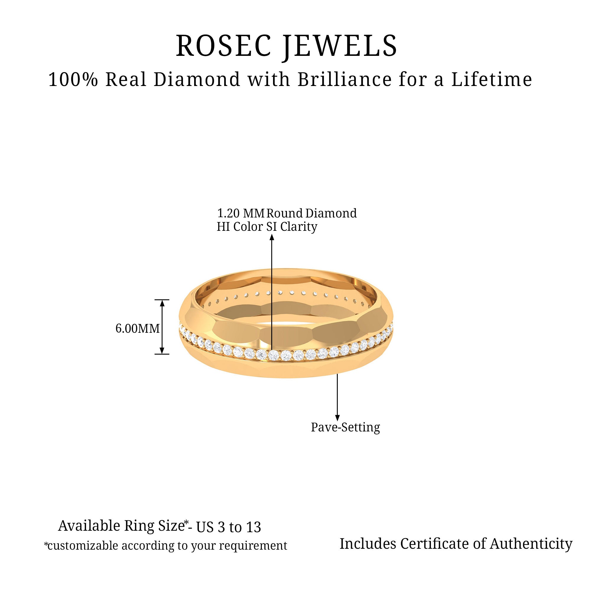 Natural Diamond Wide Eternity Band Ring with Textured Gold Diamond - ( HI-SI ) - Color and Clarity - Rosec Jewels