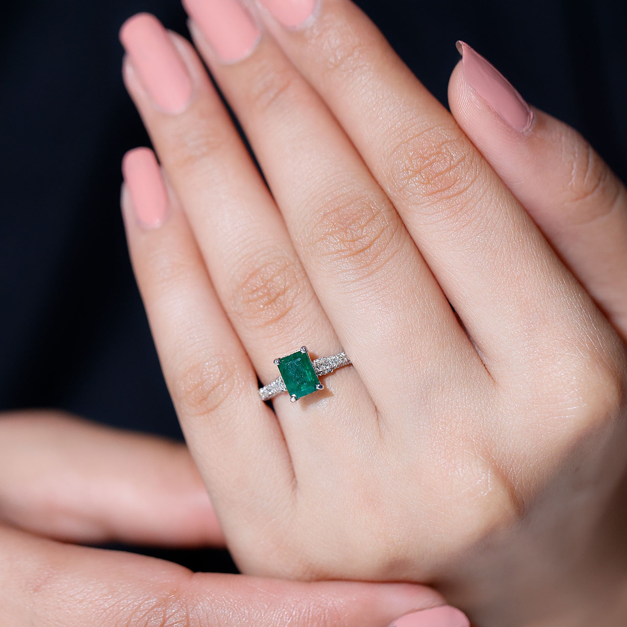 Real Emerald Solitaire Engagement Ring with Diamond Side Stones Emerald - ( AAA ) - Quality - Rosec Jewels