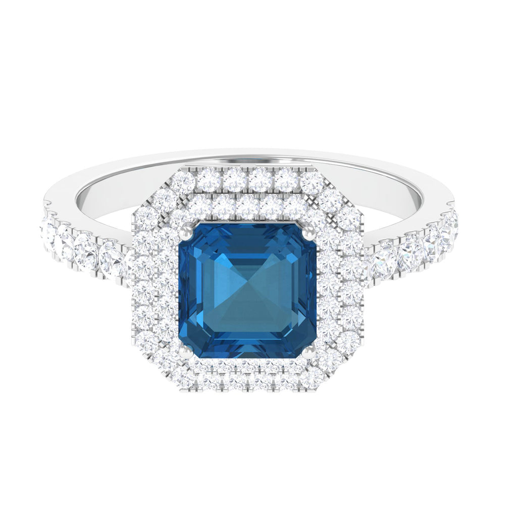 London Blue Topaz Statement Engagement Ring with Moissanite Double Halo London Blue Topaz - ( AAA ) - Quality - Rosec Jewels