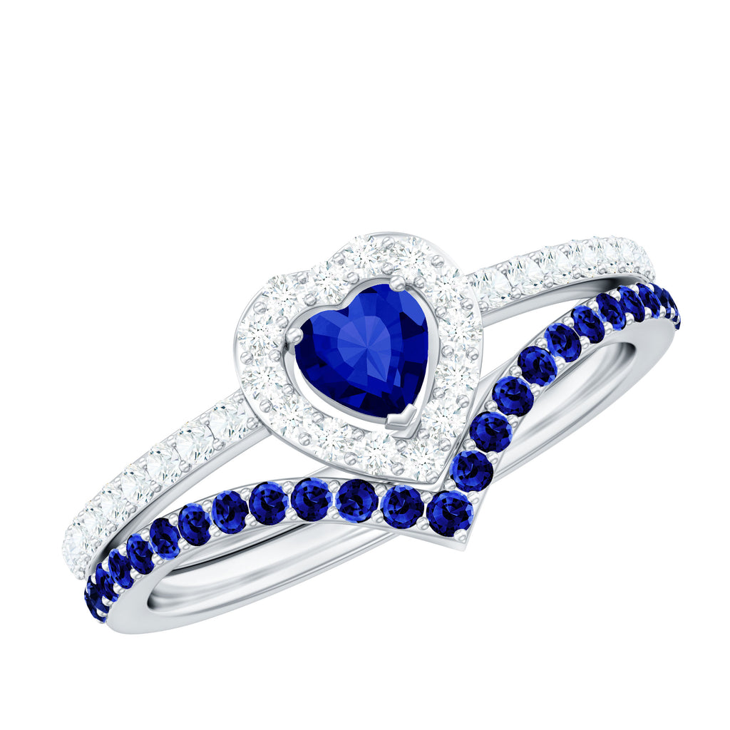 im Labor Gezüchtetes Blau saphir  und Moissanit Herz Hochzeitsring Set
