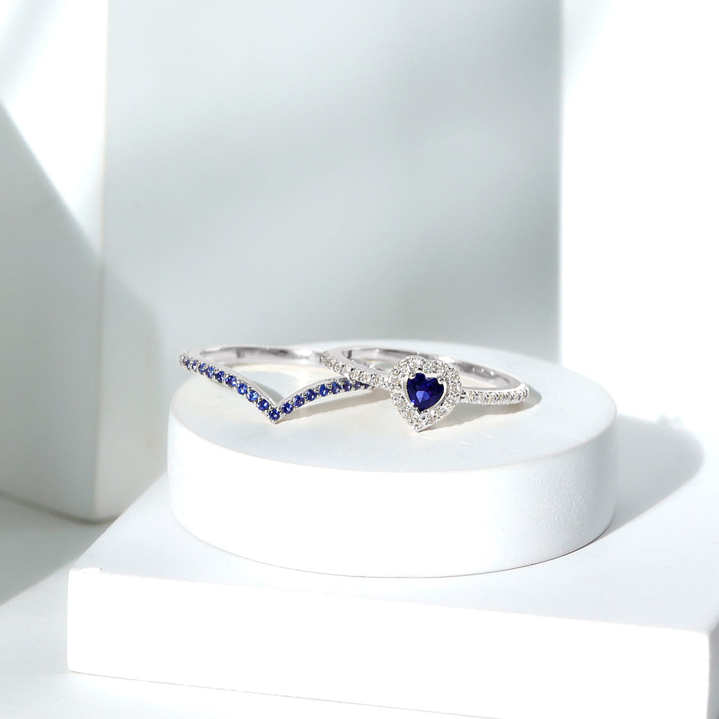 im Labor Gezüchtetes Blau saphir  und Moissanit Herz Hochzeitsring Set