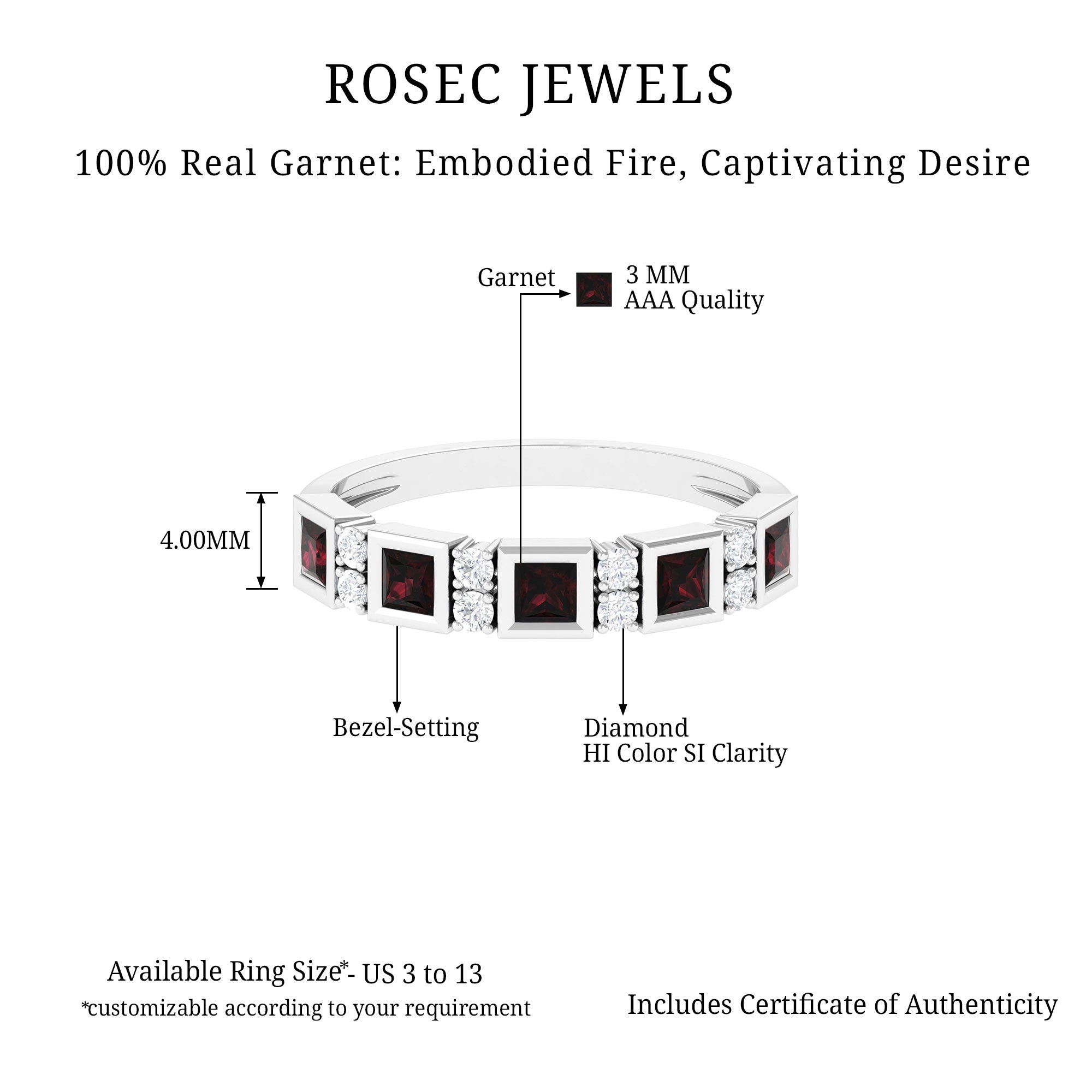 Princess Cut Garnet Half Eternity Band with Diamond Garnet - ( AAA ) - Quality - Rosec Jewels