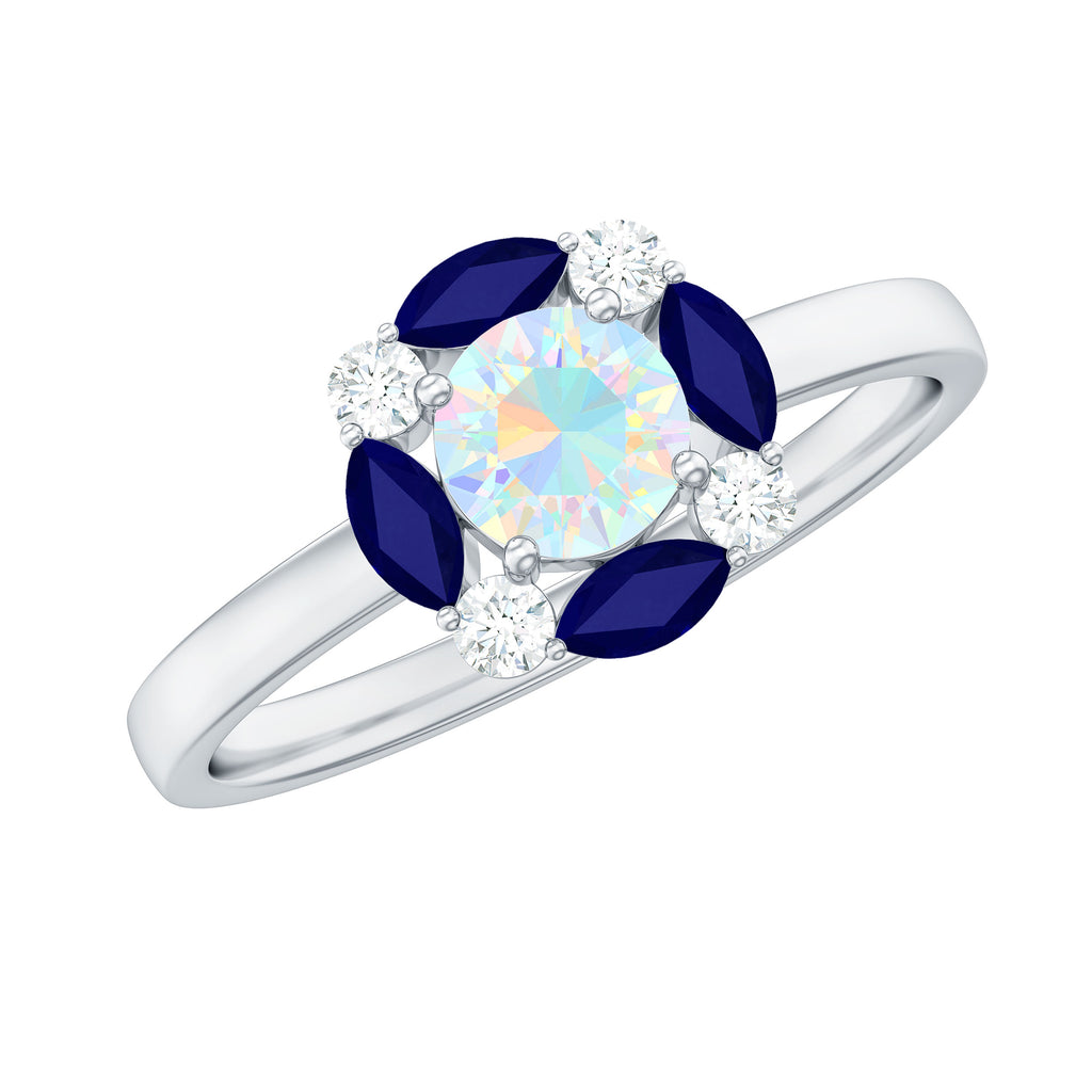 Ethiopian Opal Engagement Ring with Blue Sapphire and Moissanite Ethiopian Opal - ( AAA ) - Quality - Rosec Jewels