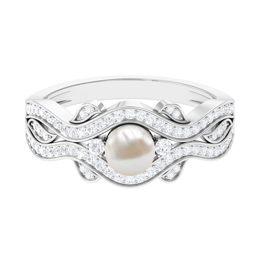 Designer Freshwater Pearl and Diamond Anniversary Band Ring Freshwater Pearl - ( AAA ) - Quality - Rosec Jewels