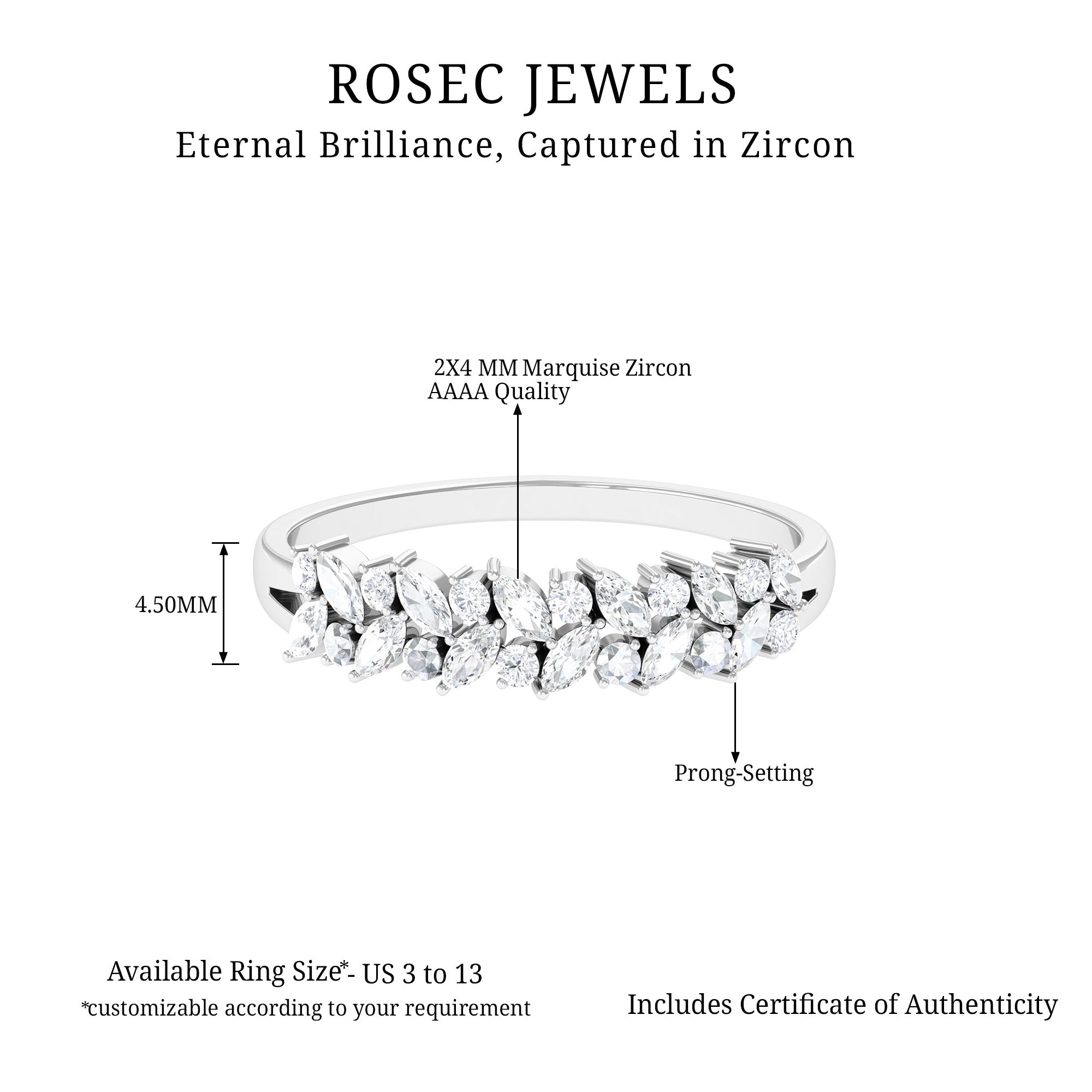 Marquise and Round Zircon Half Eternity Band Ring Zircon - ( AAAA ) - Quality - Rosec Jewels