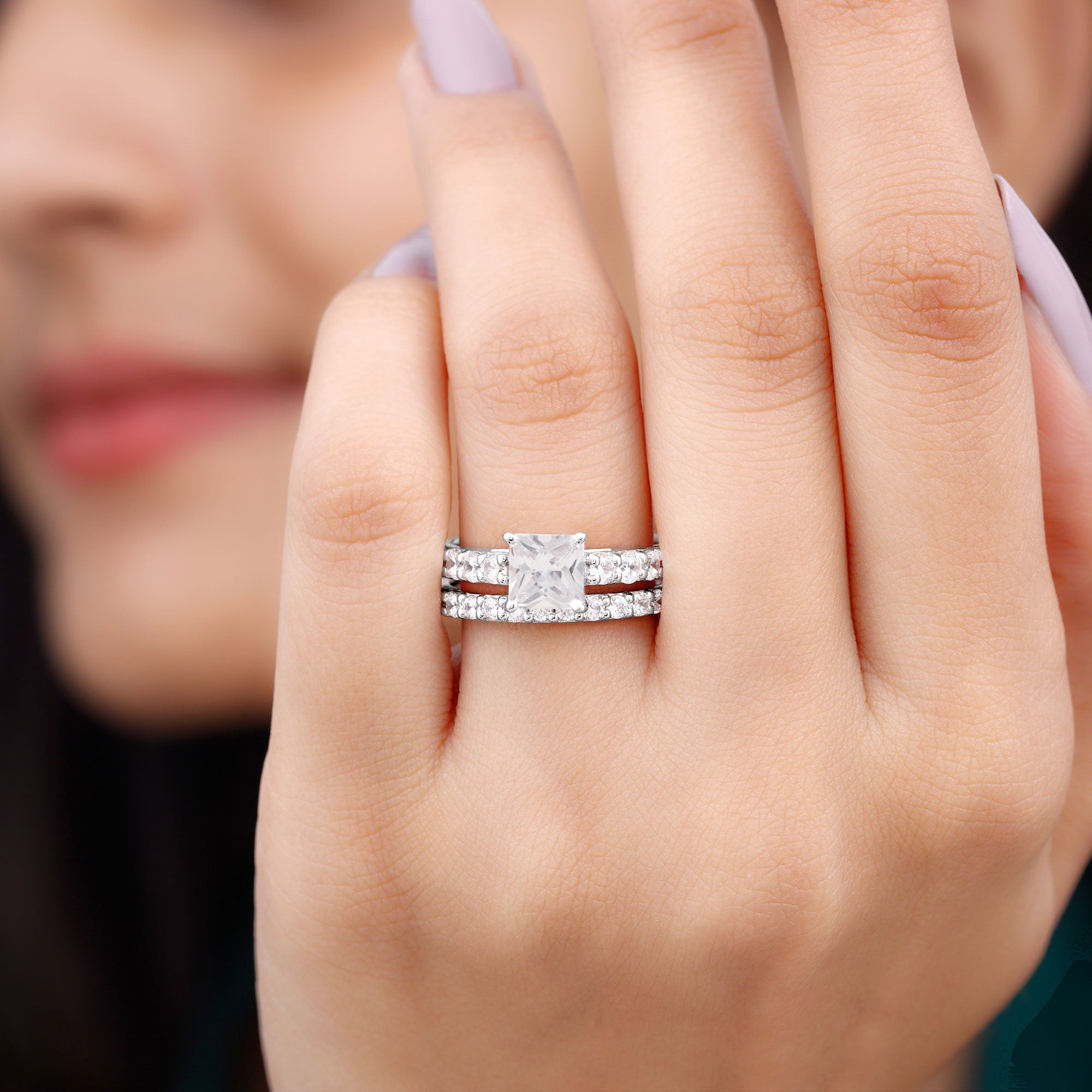 Princess Cut Zircon Wedding Ring Set with Enhancer Band Zircon - ( AAAA ) - Quality - Rosec Jewels