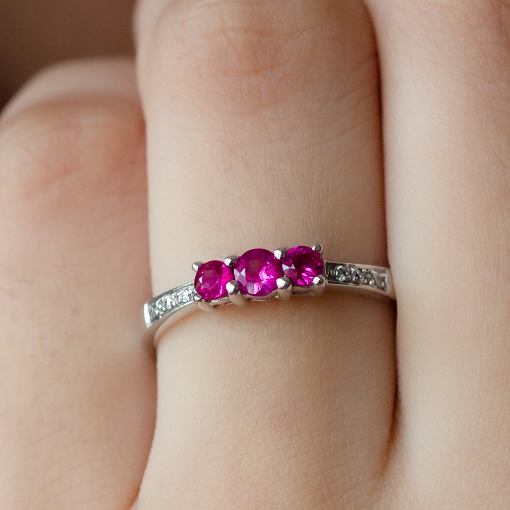 Natural Ruby Three Stone Ring with Diamond Side Stones Ruby - ( AAA ) - Quality - Rosec Jewels