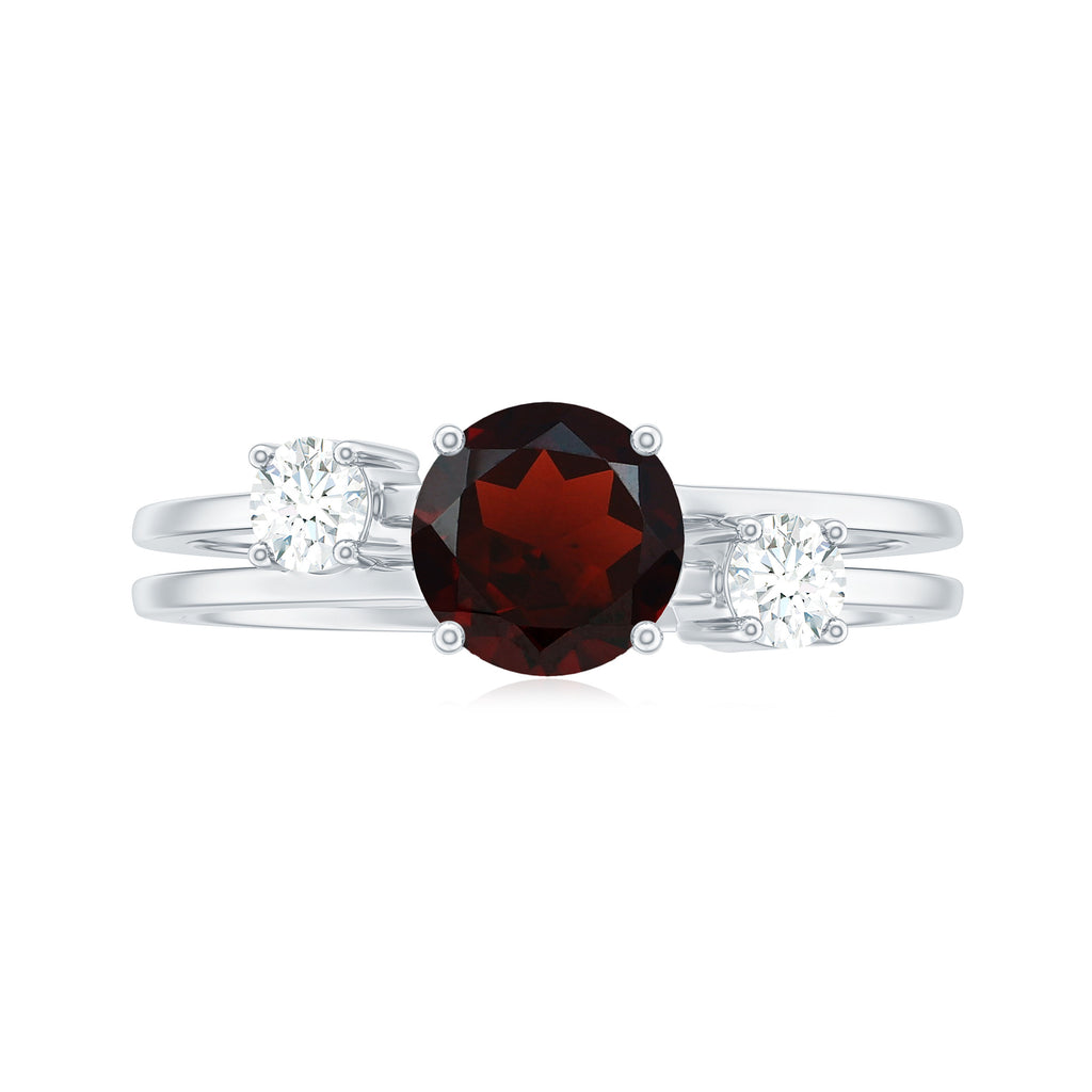 Double Band Engagement Ring with Garnet and Diamond Garnet - ( AAA ) - Quality - Rosec Jewels