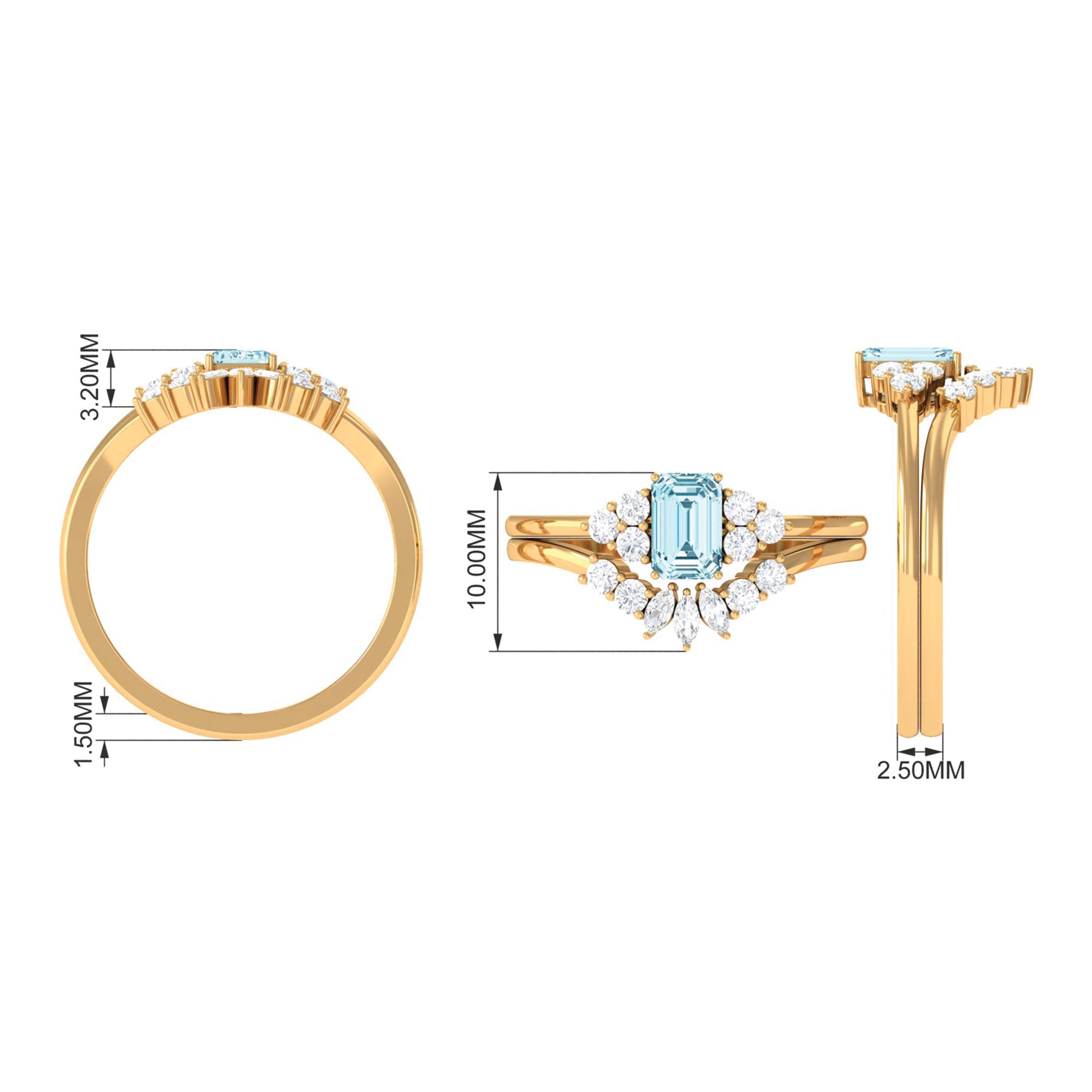 Octagon Aquamarine Solitaire Stackable Ring Set with Diamond Aquamarine - ( AAA ) - Quality - Rosec Jewels