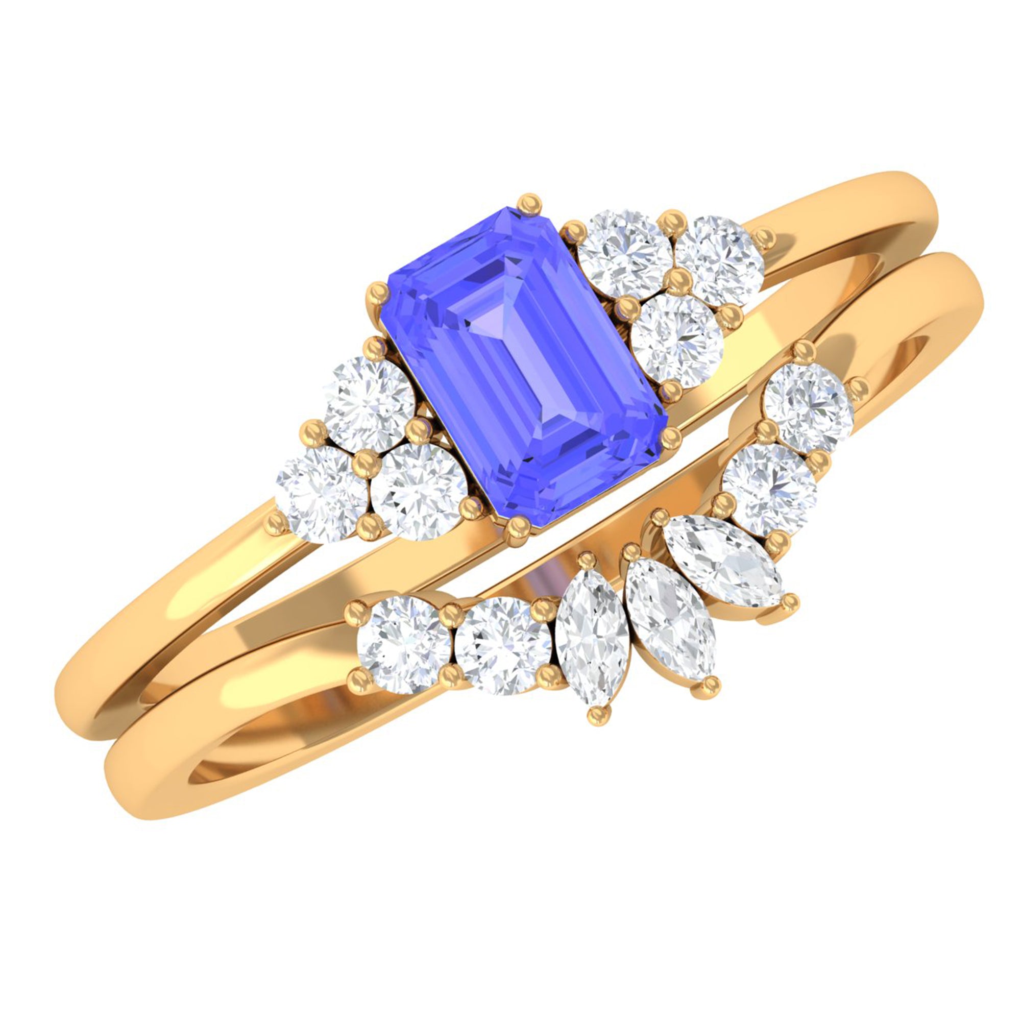 Emerald Cut Tanzanite Solitaire Ring Set with Diamond Tanzanite - ( AAA ) - Quality - Rosec Jewels