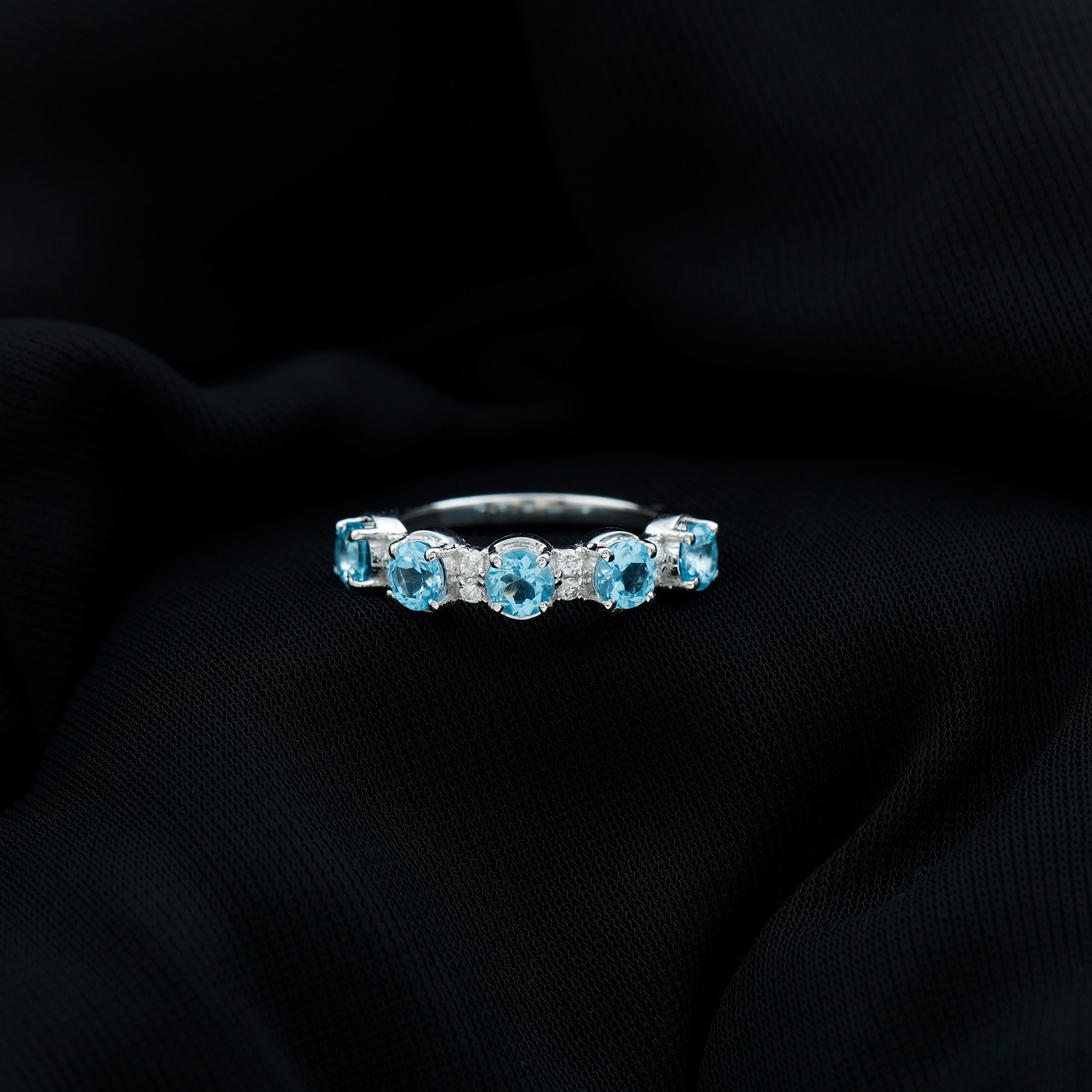 Round Swiss Blue Topaz and Diamond Half Eternity Ring Swiss Blue Topaz - ( AAA ) - Quality - Rosec Jewels