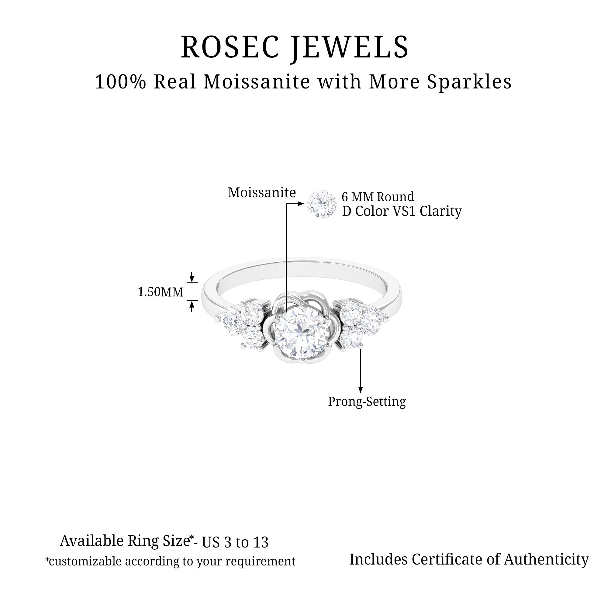 Certified Round Moissanite Flower Engagement Ring Moissanite - ( D-VS1 ) - Color and Clarity 92.5 Sterling Silver 3.5 - Rosec Jewels