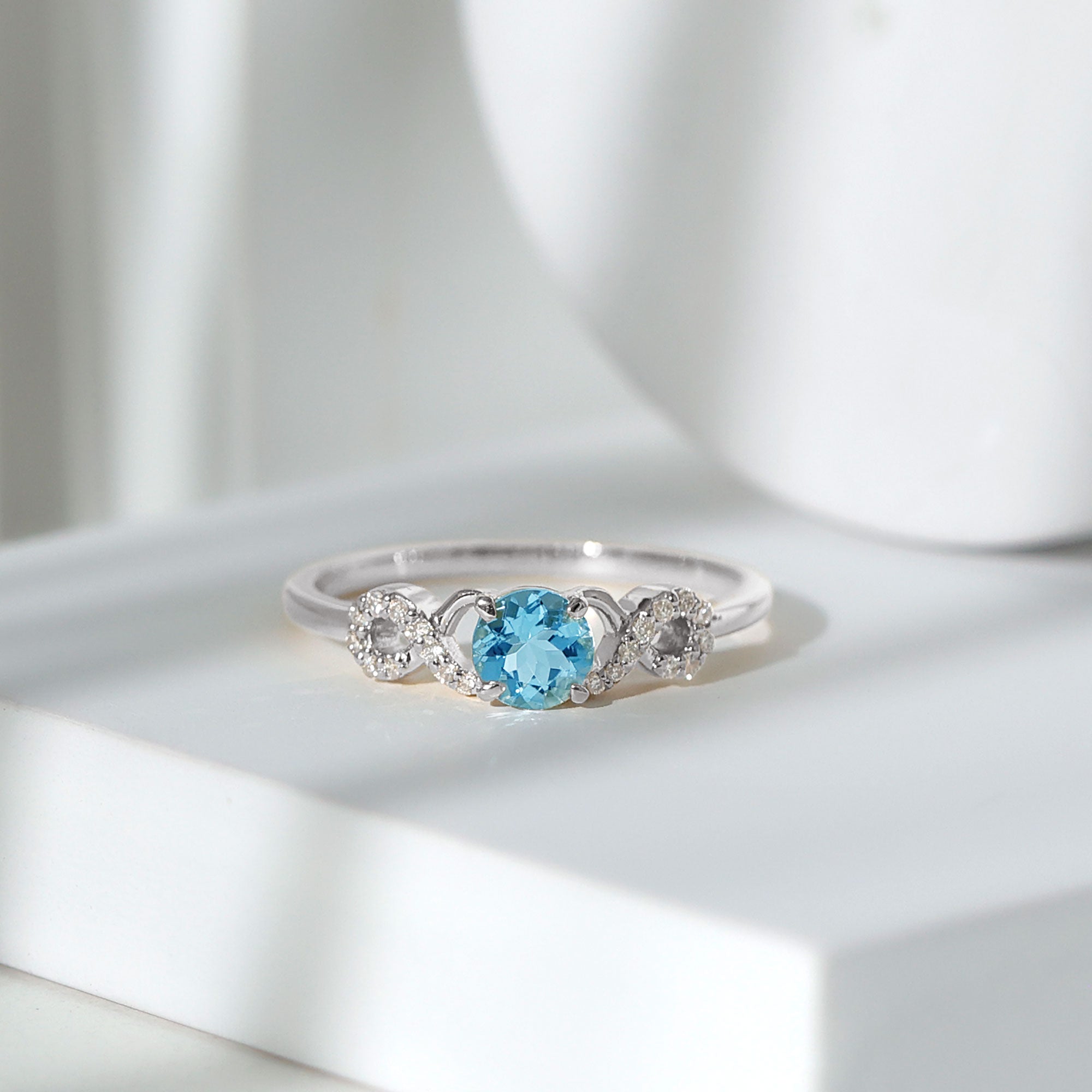 Round Shape Aquamarine and Diamond Infinity Engagement Ring Aquamarine - ( AAA ) - Quality - Rosec Jewels