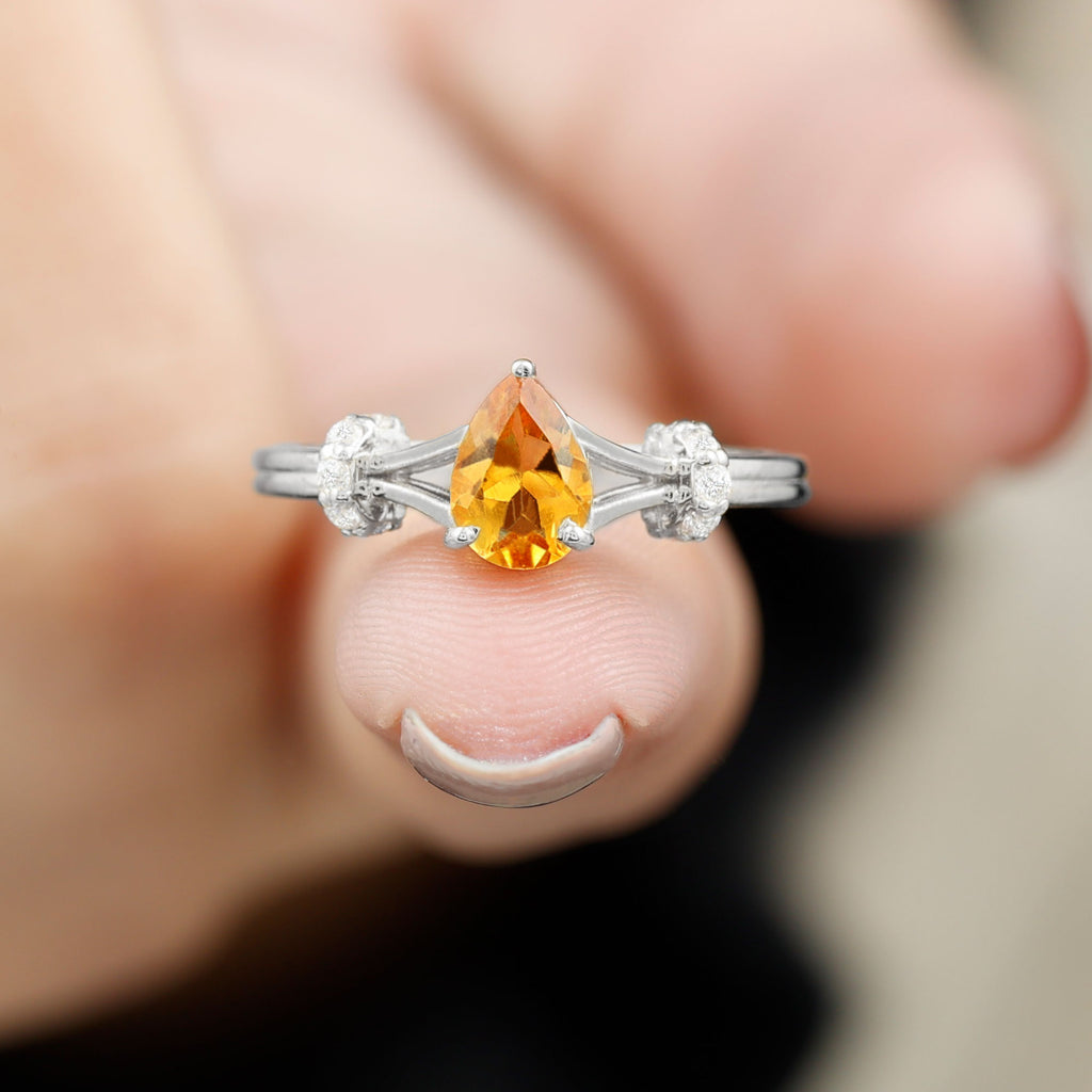 Pear Shape Citrine and Diamond Solitaire Ring in Split Shank Citrine - ( AAA ) - Quality - Rosec Jewels