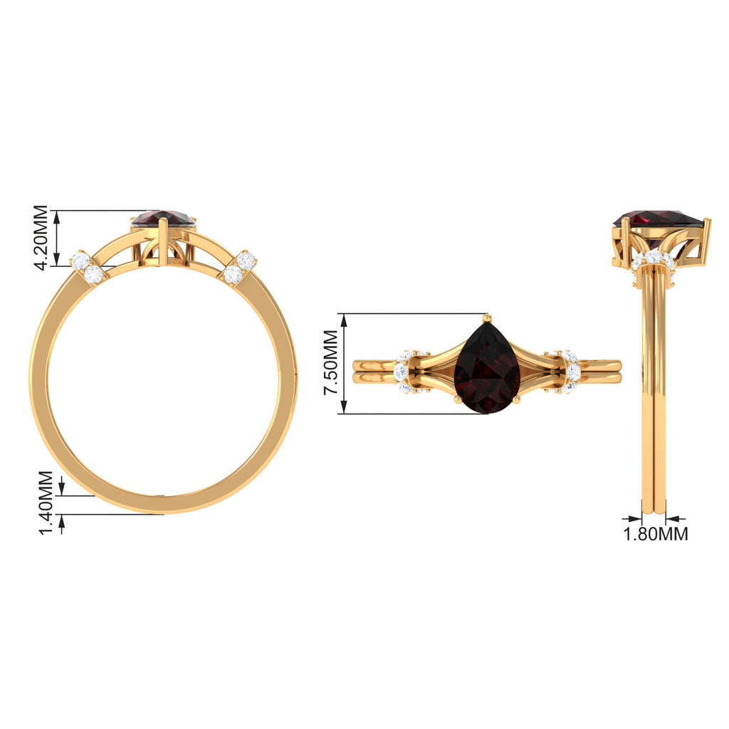 Pear Shape Garnet Solitaire Split Shank Ring with Diamond Garnet - ( AAA ) - Quality - Rosec Jewels