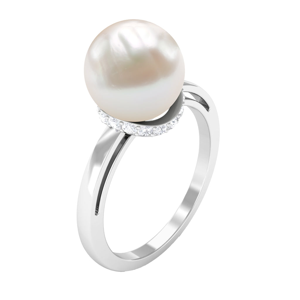Round Freshwater Pearl Solitaire Ring with Diamond Hidden Halo Freshwater Pearl - ( AAA ) - Quality - Rosec Jewels