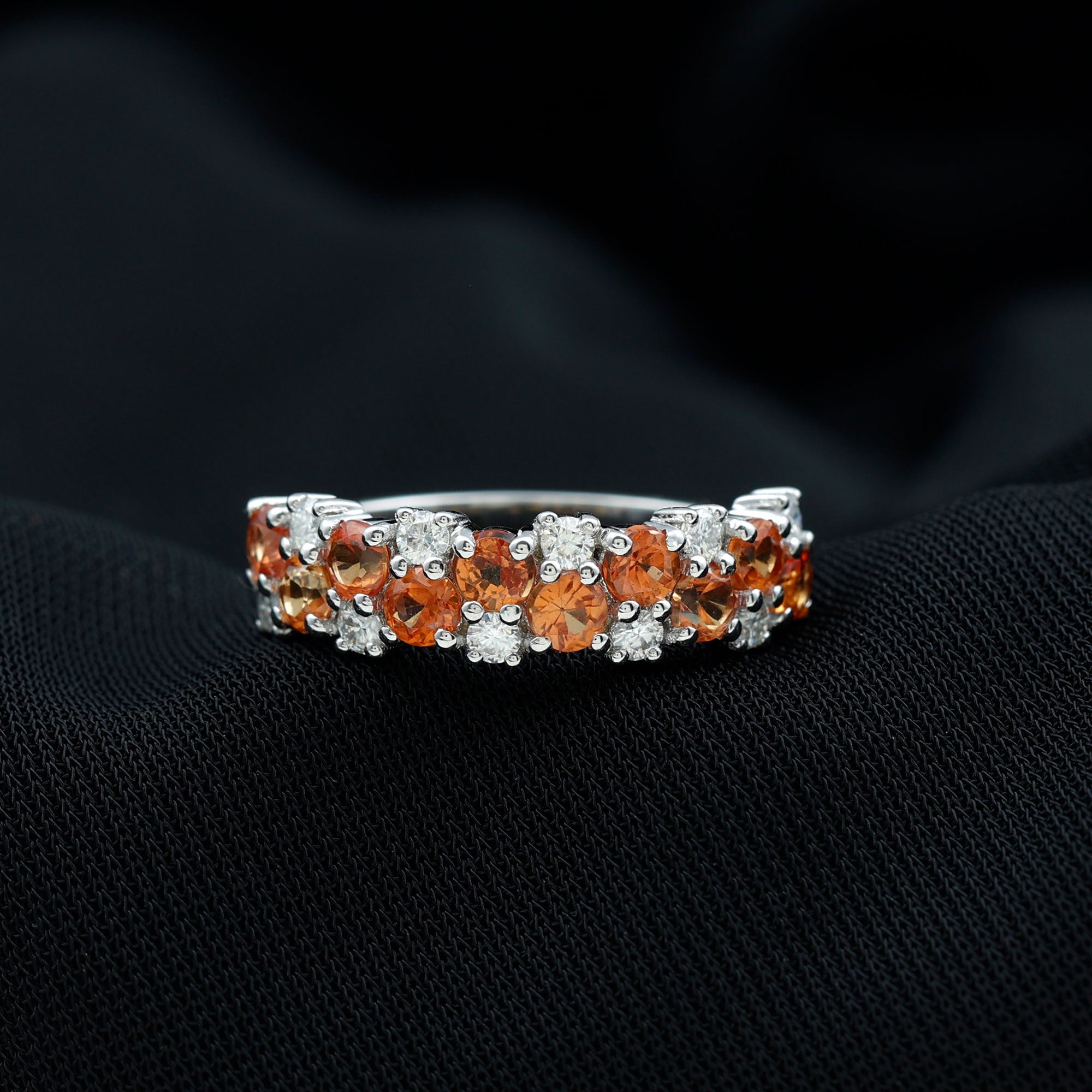 Orange Sapphire and Diamond Cluster Half Eternity Ring Orange Sapphire - ( AAA ) - Quality - Rosec Jewels