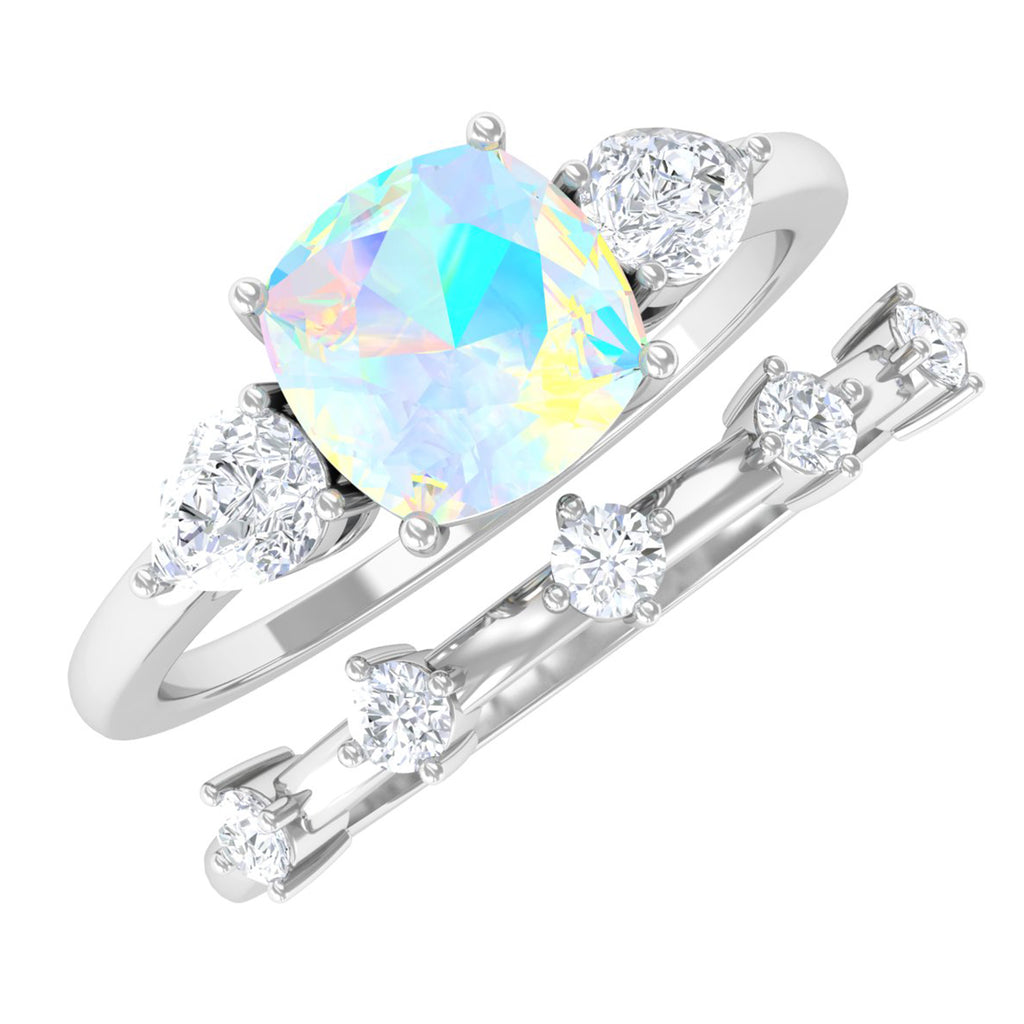 Cushion Cut Real Ethiopian Opal Ring Set with Moissanite Ethiopian Opal - ( AAA ) - Quality - Rosec Jewels