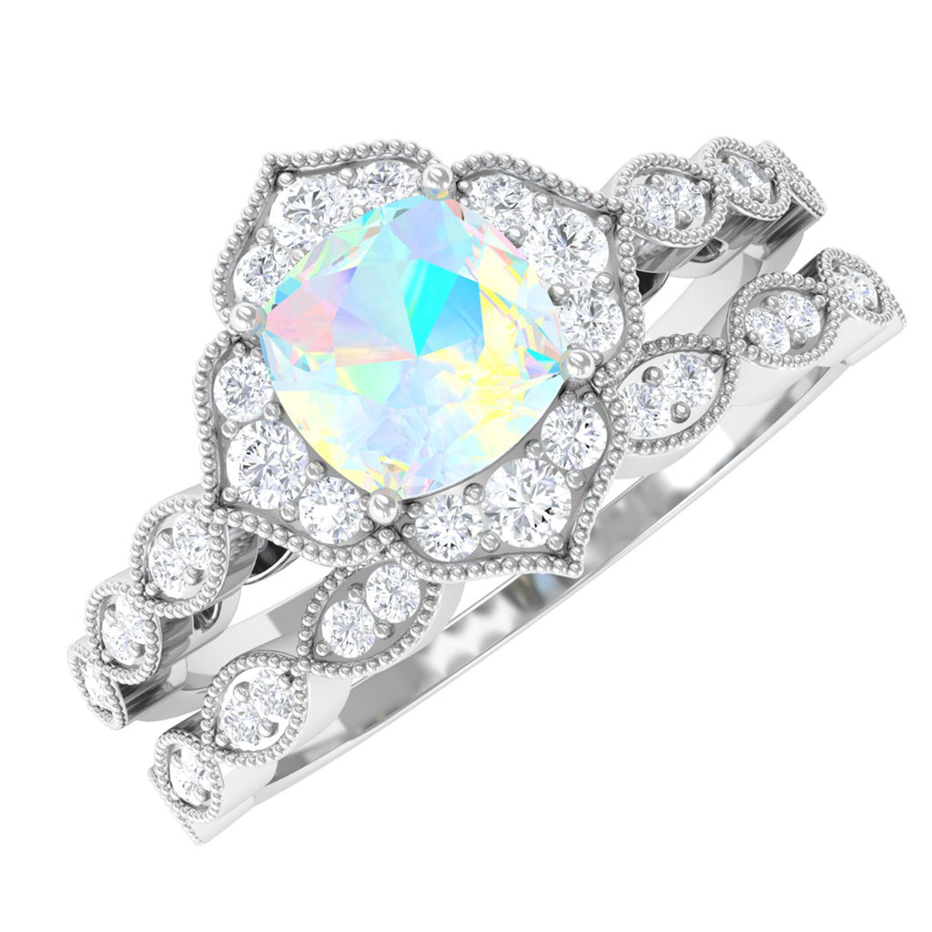Ethiopian Opal Flower Ring Set with Diamond and Beaded Ethiopian Opal - ( AAA ) - Quality - Rosec Jewels