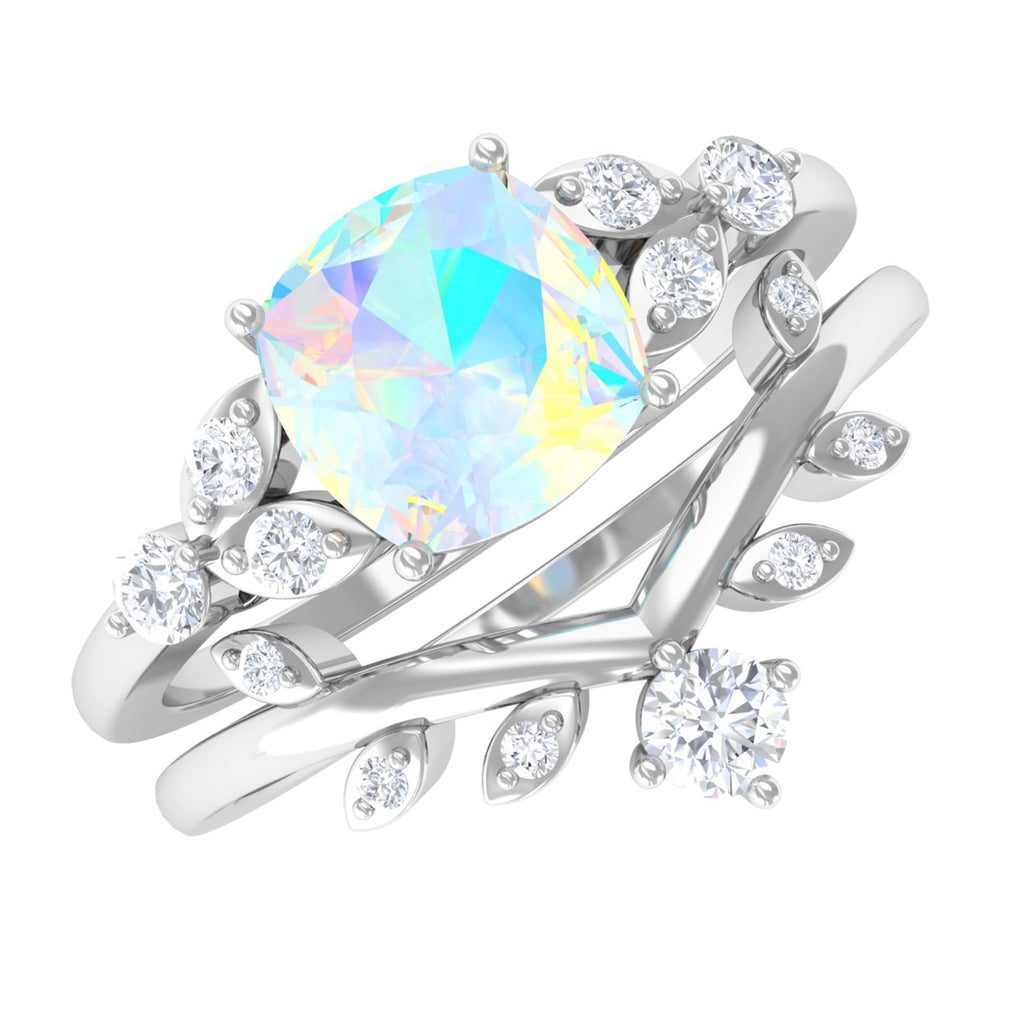 Ethiopian Opal and Diamond Ring Set with Leaf Motif Ethiopian Opal - ( AAA ) - Quality - Rosec Jewels