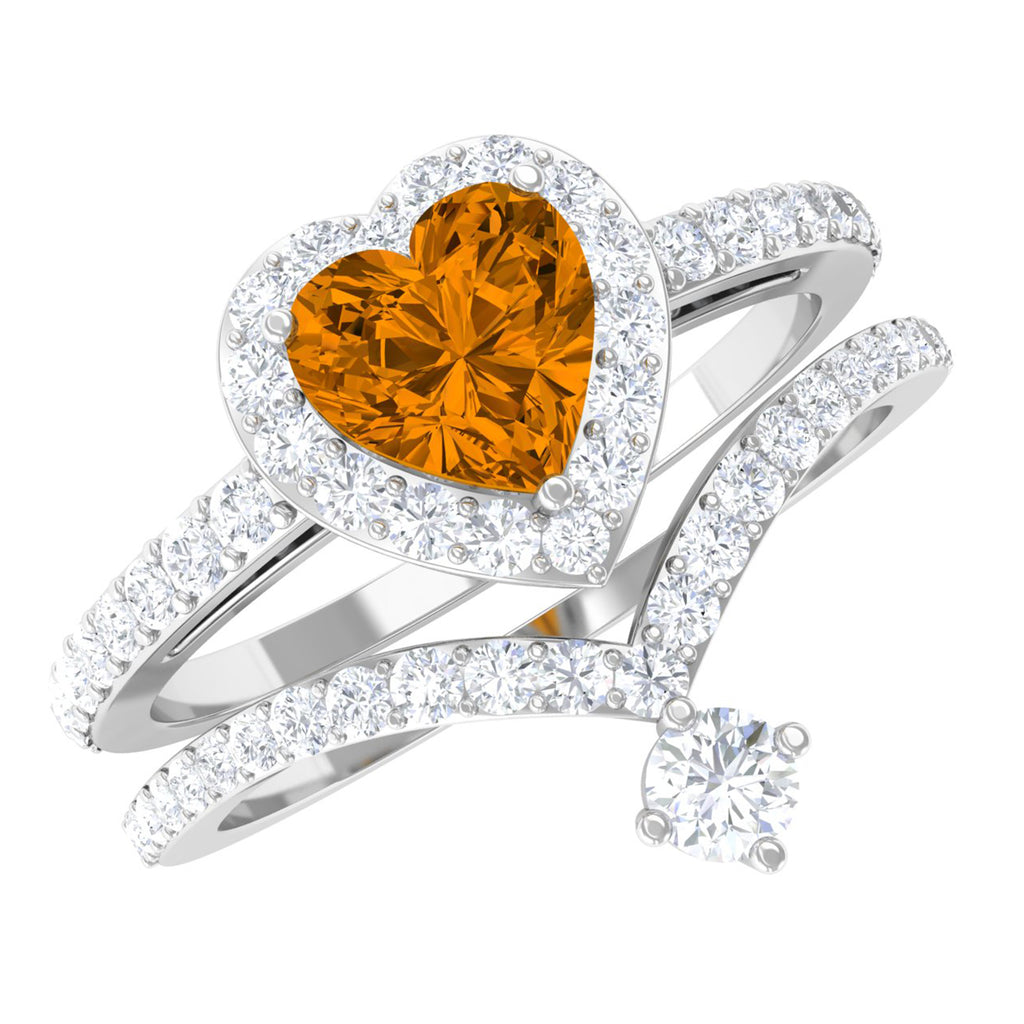 Heart Shape Natural Citrine Ring Set with Moissanite Citrine - ( AAA ) - Quality - Rosec Jewels
