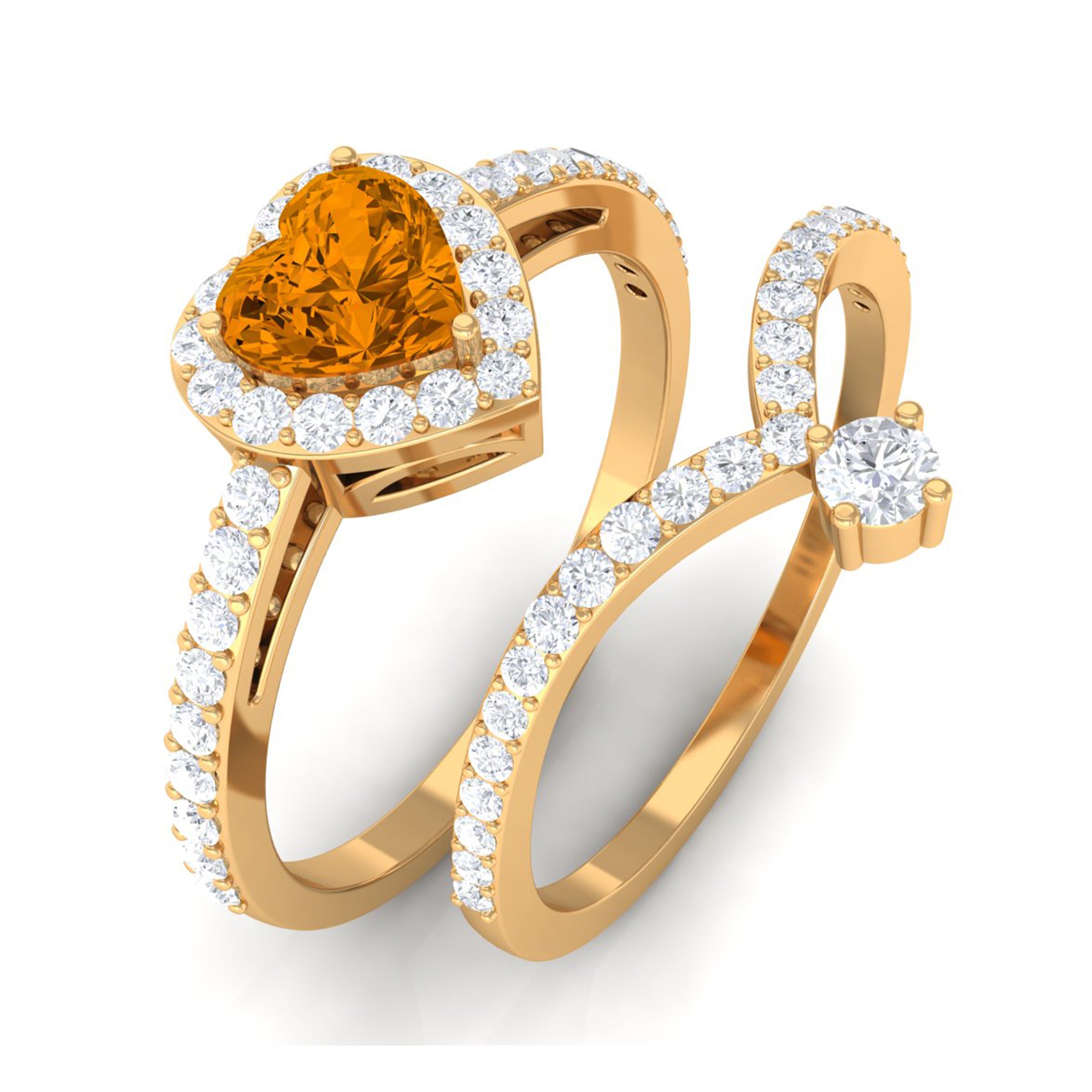 Heart Shape Natural Citrine Ring Set with Moissanite Citrine - ( AAA ) - Quality - Rosec Jewels