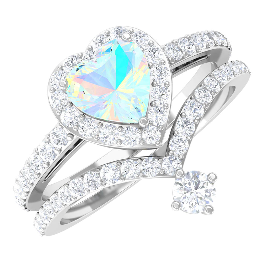 Heart Shape Ethiopian Opal Ring Set with Moissanite Ethiopian Opal - ( AAA ) - Quality - Rosec Jewels