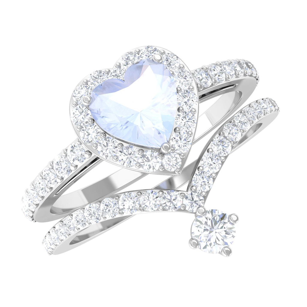Genuine Moonstone Ring Set with Diamond Moonstone - ( AAA ) - Quality - Rosec Jewels