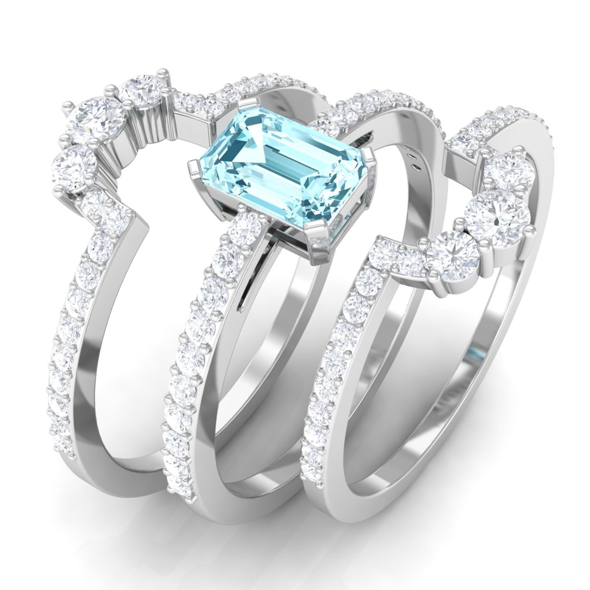 Octagon Cut Aquamarine Solitaire Trio Ring Set with Diamond Aquamarine - ( AAA ) - Quality - Rosec Jewels