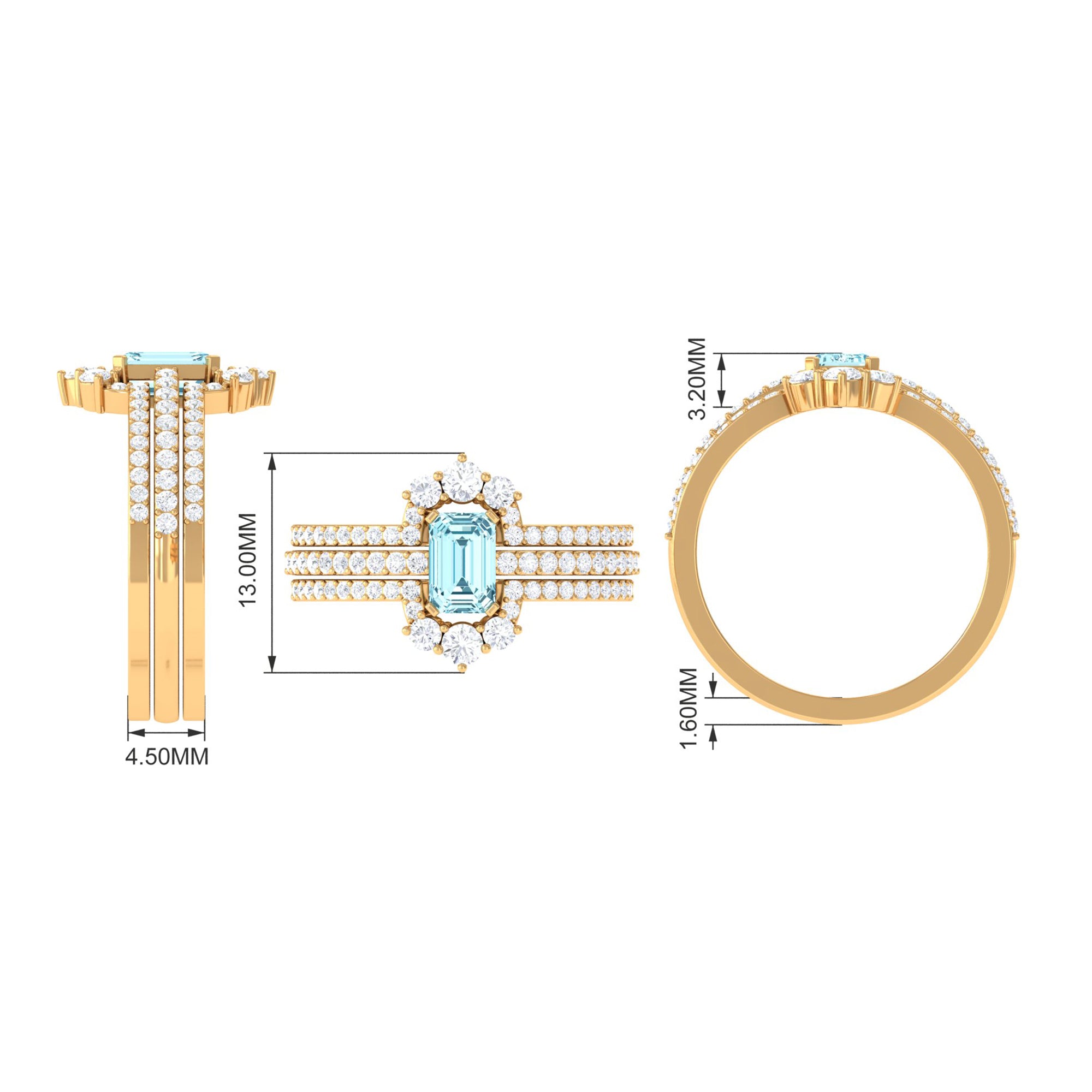 Octagon Cut Aquamarine Solitaire Trio Ring Set with Diamond Aquamarine - ( AAA ) - Quality - Rosec Jewels