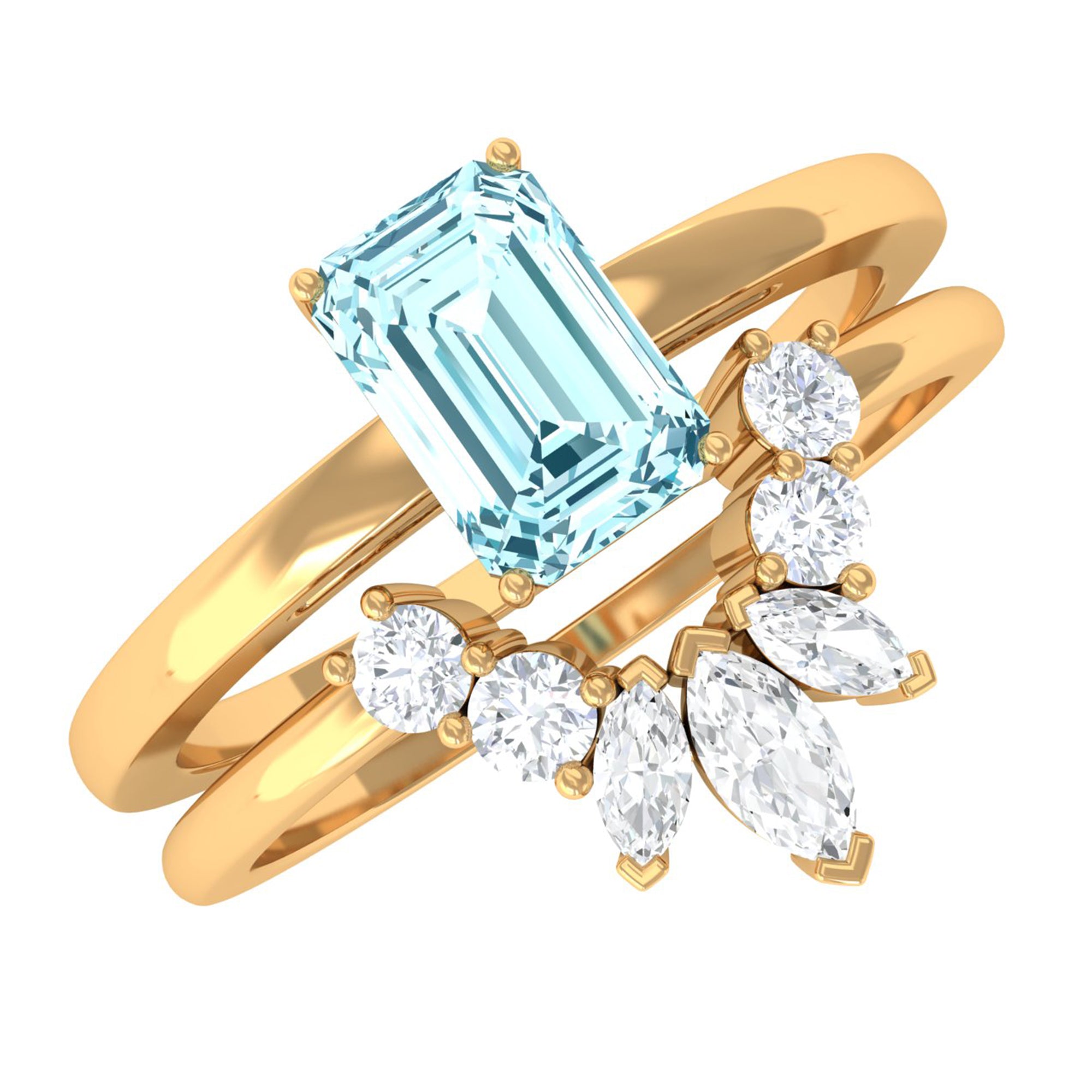 Octagon Cut Aquamarine Wedding Ring Set with Diamond Aquamarine - ( AAA ) - Quality - Rosec Jewels