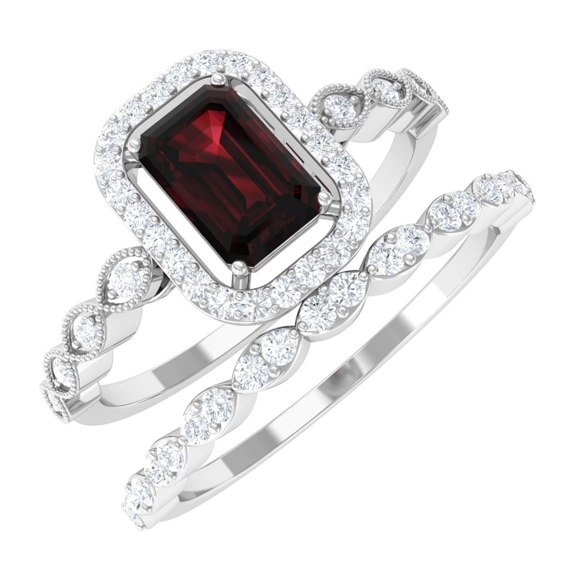 Octagon Cut Garnet and Diamond Designer Ring Set Garnet - ( AAA ) - Quality - Rosec Jewels