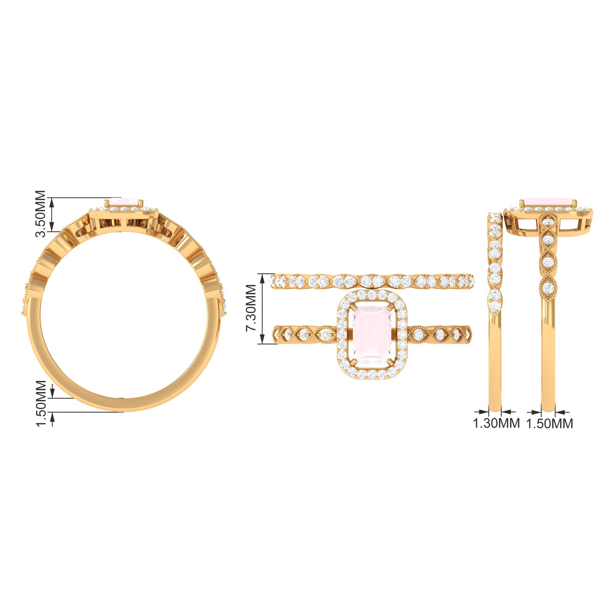 Octagon Cut Rose Quartz and Diamond Designer Ring Set Rose Quartz - ( AAA ) - Quality - Rosec Jewels