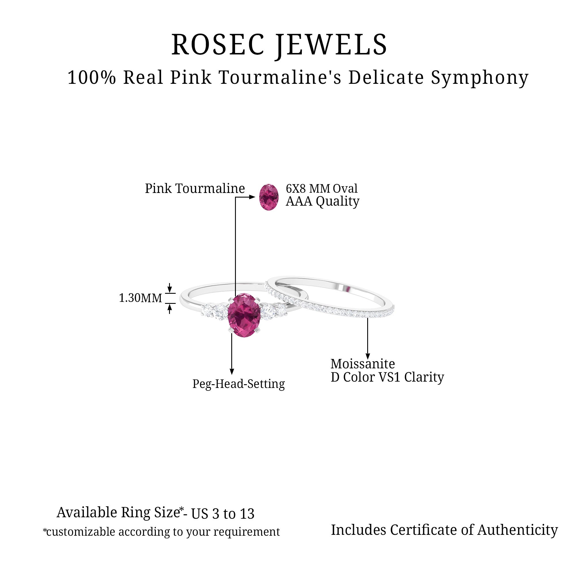 Oval Pink tourmaline Solitaire Ring Set with Moissanite Pink Tourmaline - ( AAA ) - Quality 92.5 Sterling Silver 6.5 - Rosec Jewels