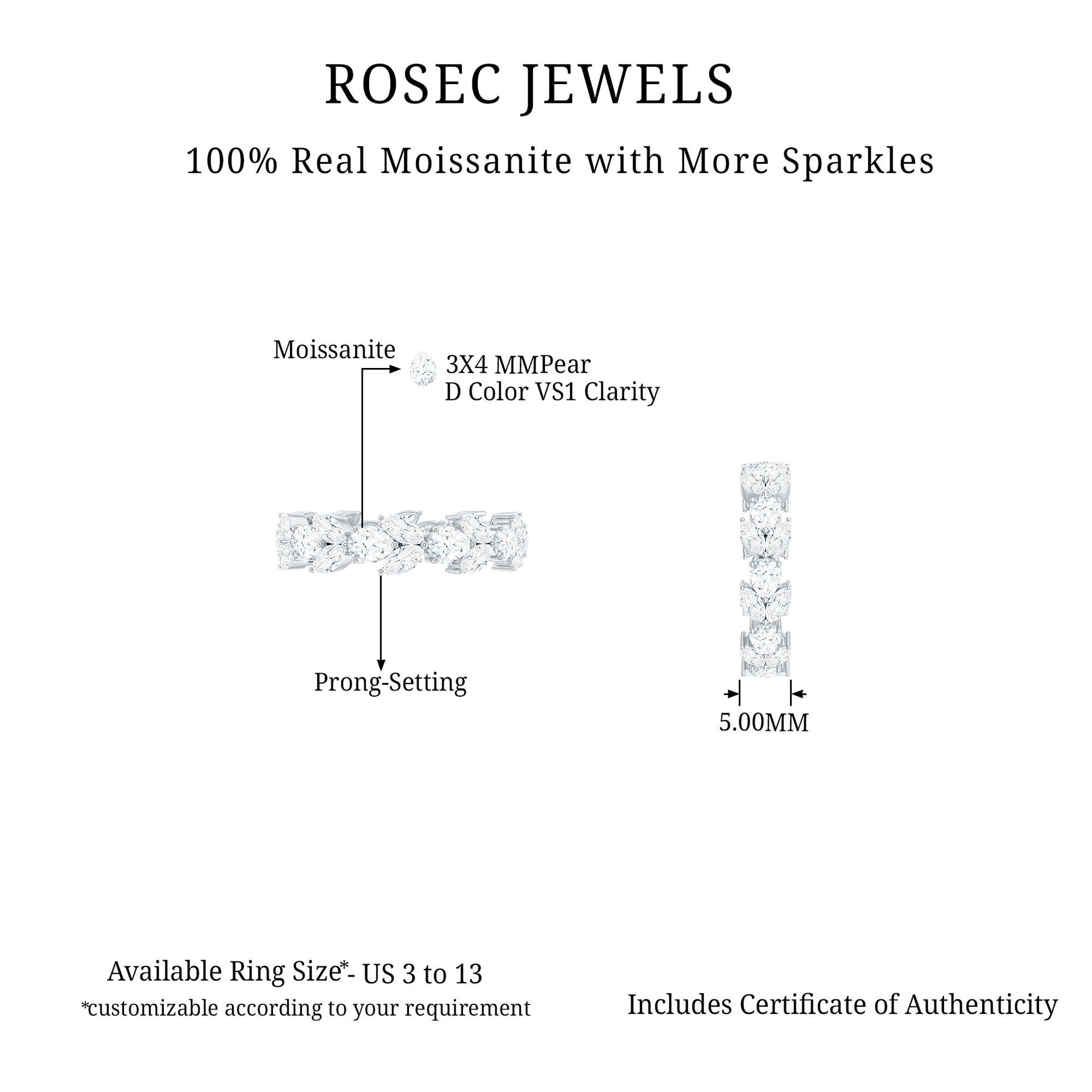 Certified Moissanite Leaf Eternity Ring in Prong Setting Moissanite - ( D-VS1 ) - Color and Clarity - Rosec Jewels