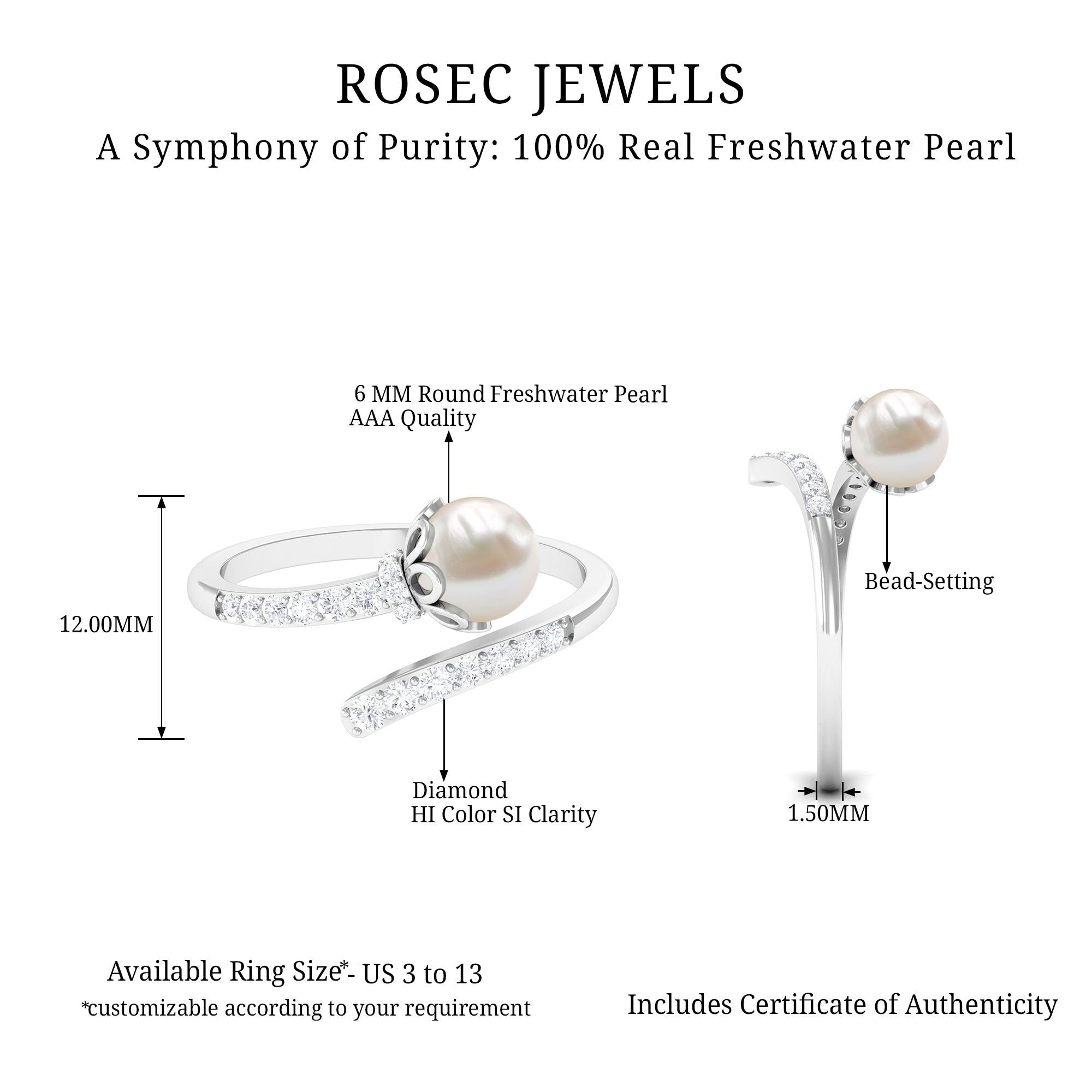 2.75 CT Freshwater Pearl and Diamond Wrap Ring Freshwater Pearl - ( AAA ) - Quality - Rosec Jewels