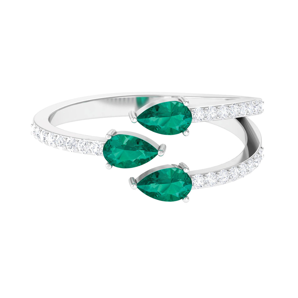 Pear Shape Natural Emerald 3 Stone Wrap Ring with Diamond Emerald - ( AAA ) - Quality - Rosec Jewels