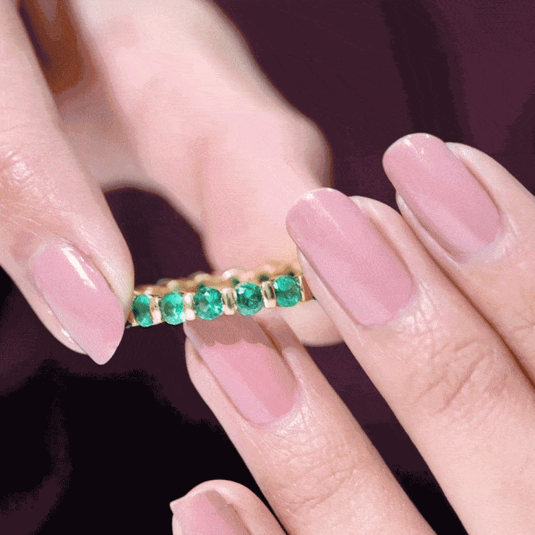 Round Created Emerald Gold Simple Eternity Band Ring in Bar Setting Lab Created Emerald - ( AAAA ) - Quality - Rosec Jewels
