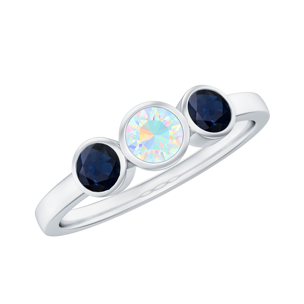 1 CT Minimal Ethiopian Opal and Blue Sapphire Three Stone Ring in Bezel Setting Ethiopian Opal - ( AAA ) - Quality - Rosec Jewels