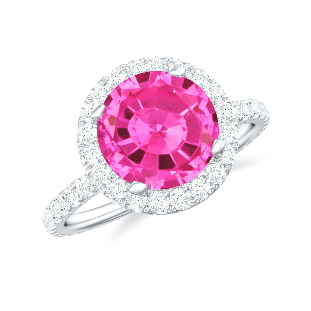 Round Lab Created Pink Sapphire Halo Engagement Ring with Diamond Lab Created Pink Sapphire - ( AAAA ) - Quality - Rosec Jewels