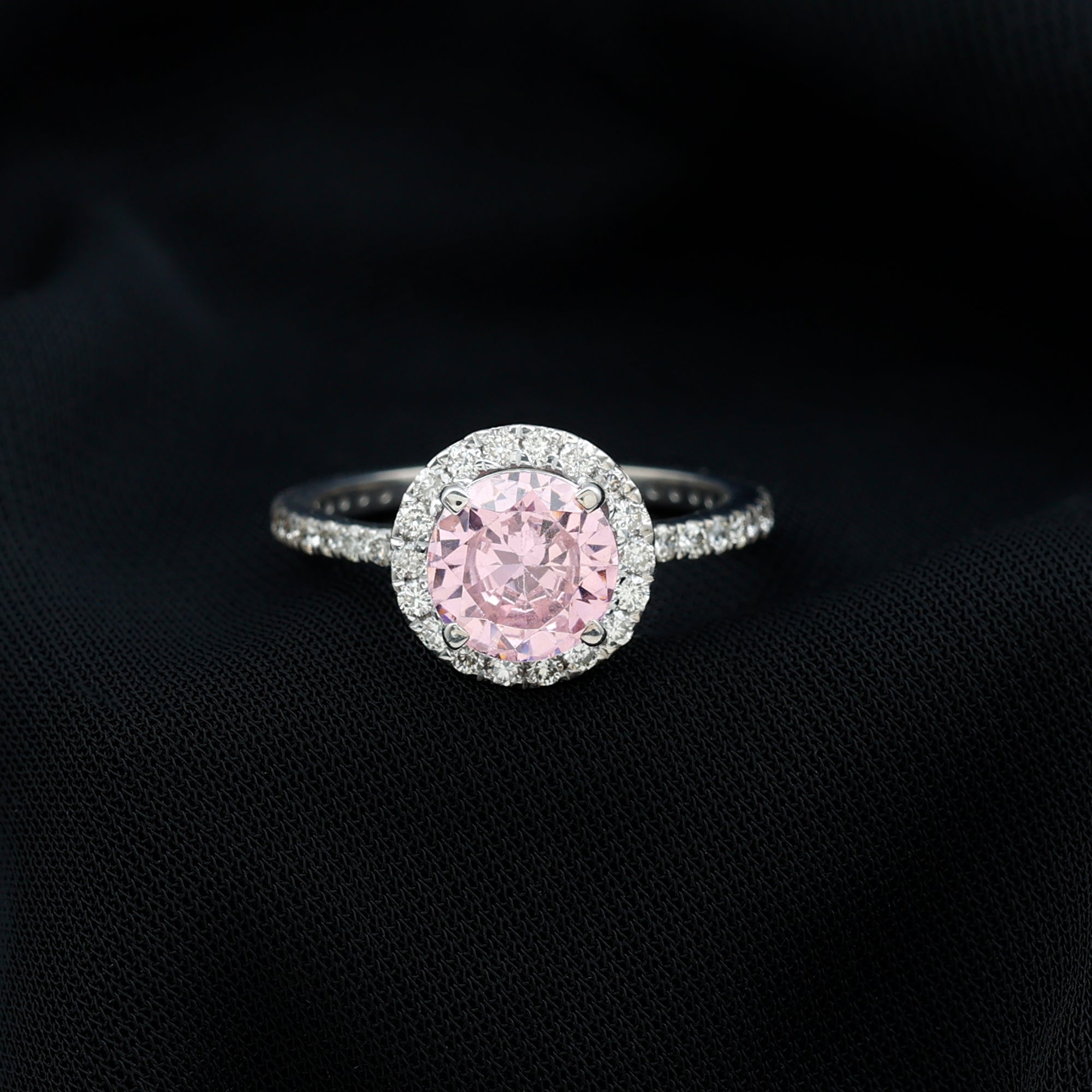 Round Lab Created Pink Sapphire Halo Engagement Ring with Diamond Lab Created Pink Sapphire - ( AAAA ) - Quality 92.5 Sterling Silver 7.5 - Rosec Jewels