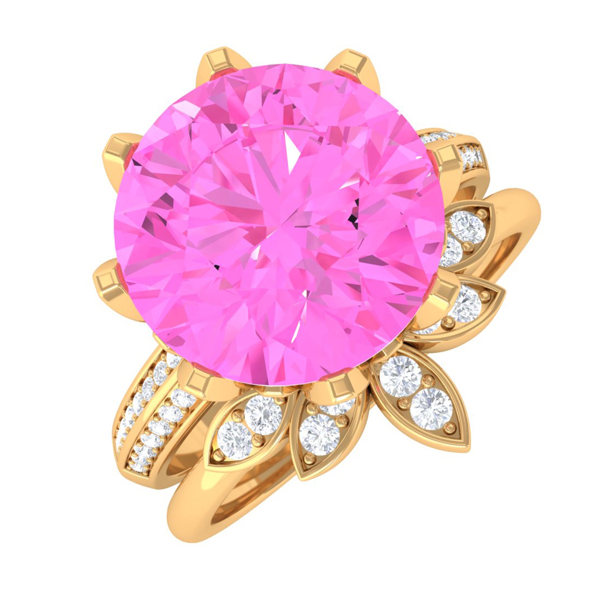 Created Pink Sapphire Flower Wedding Ring Set with Moissanite Lab Created Pink Sapphire - ( AAAA ) - Quality - Rosec Jewels