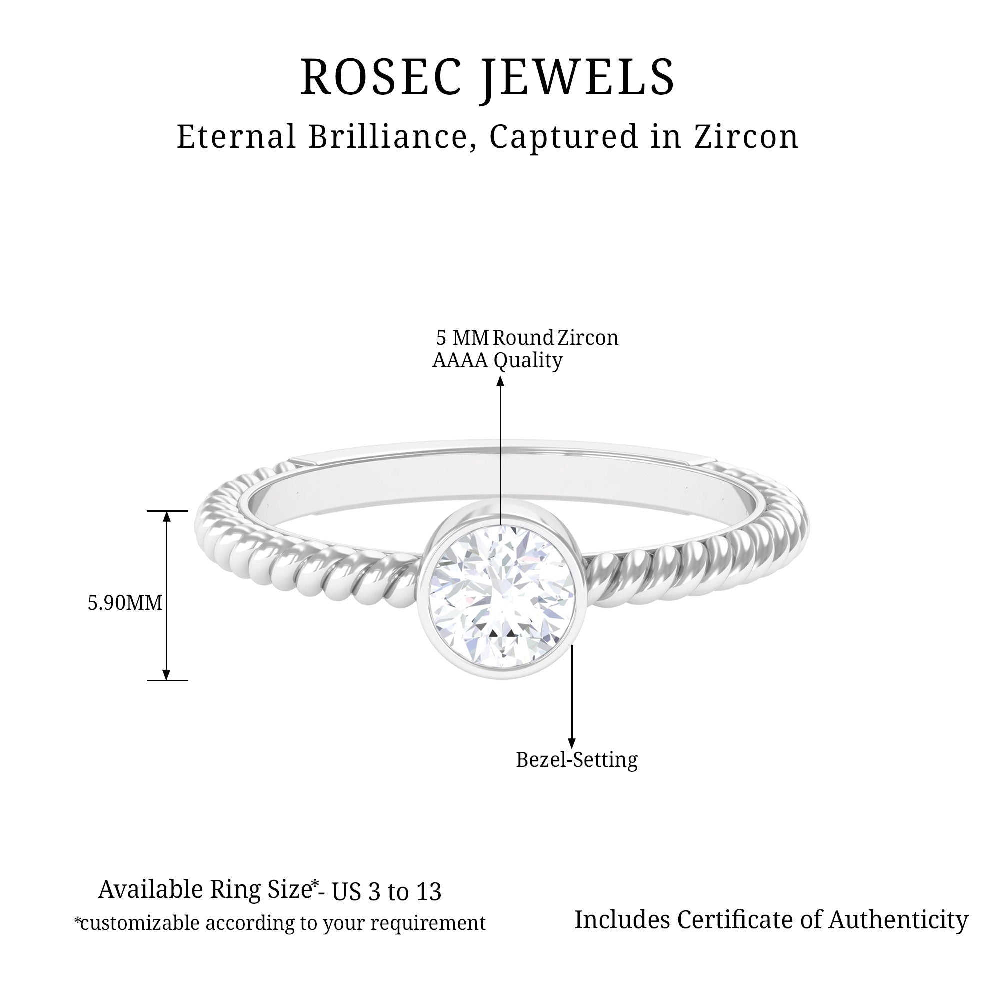 1/2 CT Bezel Set Zircon Solitaire Minimal Ring with Twisted Rope Details Zircon - ( AAAA ) - Quality - Rosec Jewels