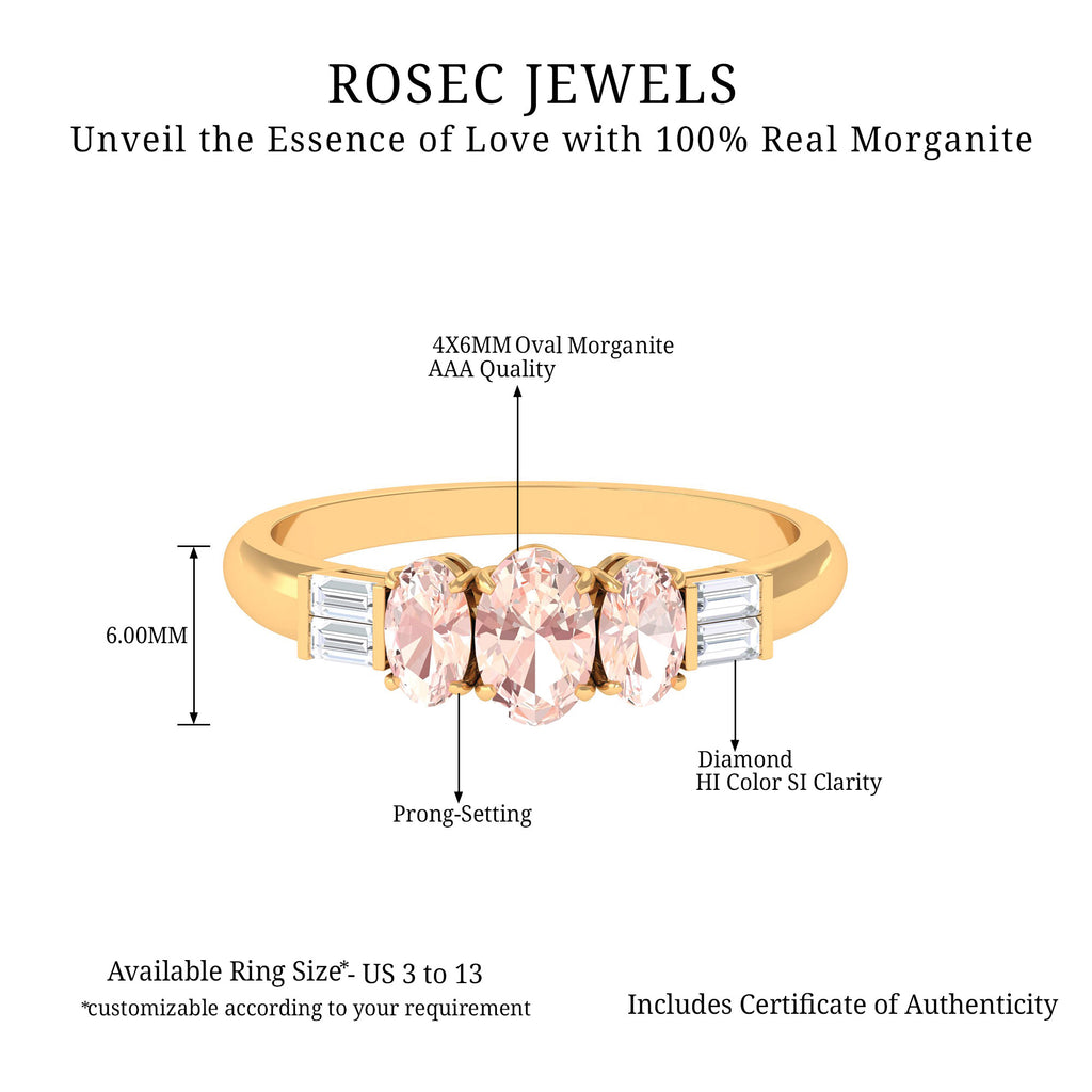 0.75 CT Oval Cut Morganite Three Stone Ring with Diamond Morganite - ( AAA ) - Quality - Rosec Jewels