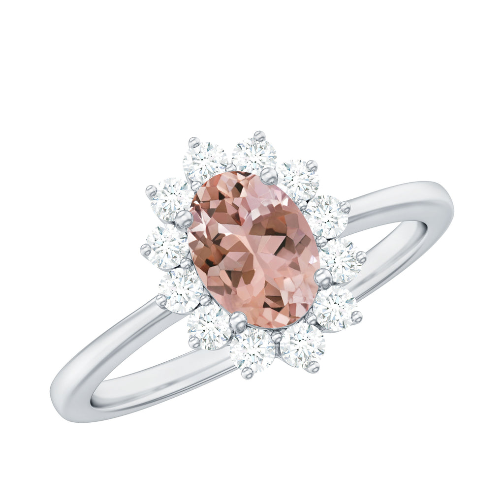 Princess Diana Inspired Morganite Engagement Ring with Diamond Halo Morganite - ( AAA ) - Quality - Rosec Jewels