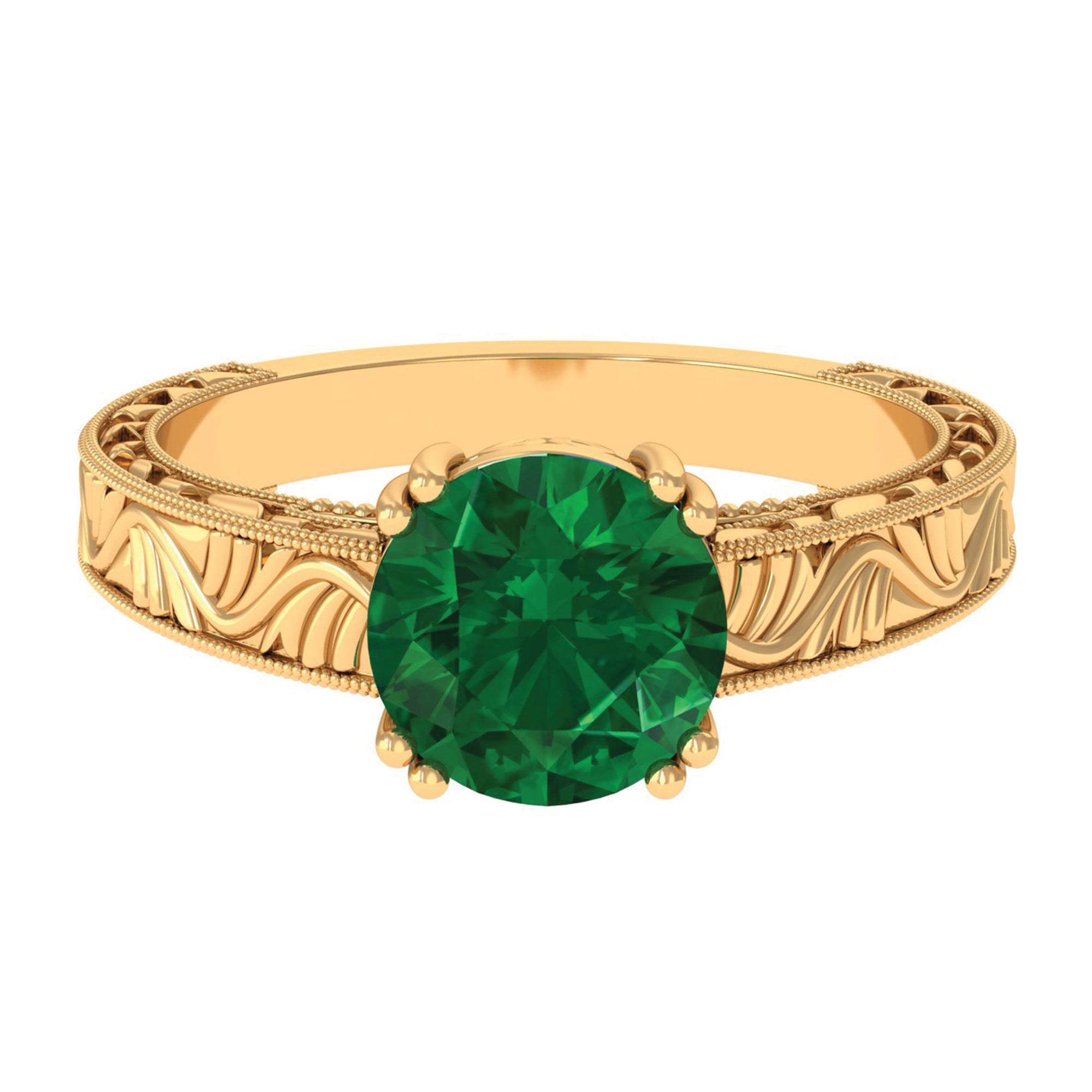 8 MM Created Emerald Solitaire Ring with Gold Carved Shank Lab Created Emerald - ( AAAA ) - Quality - Rosec Jewels
