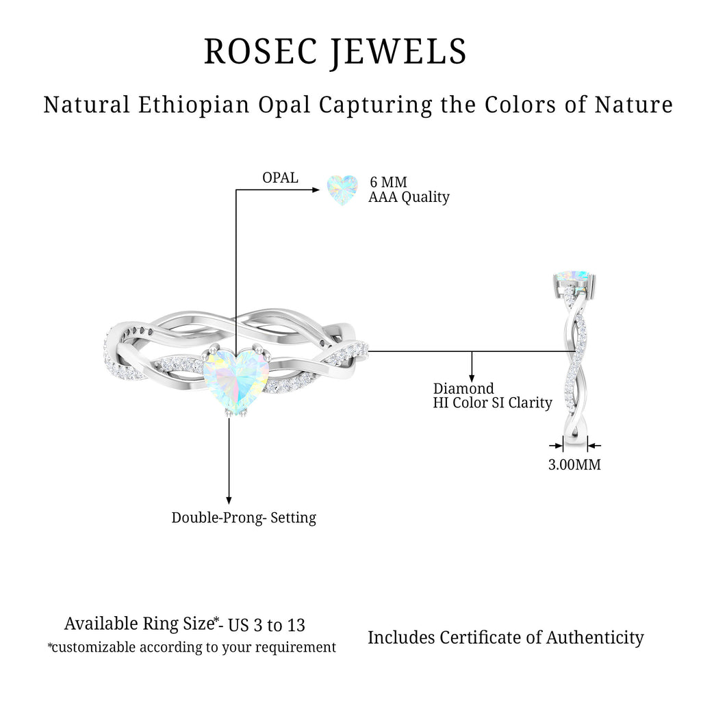 Heart Ethiopian Opal Solitaire Promise Ring with Diamond Braided Shank Ethiopian Opal - ( AAA ) - Quality - Rosec Jewels