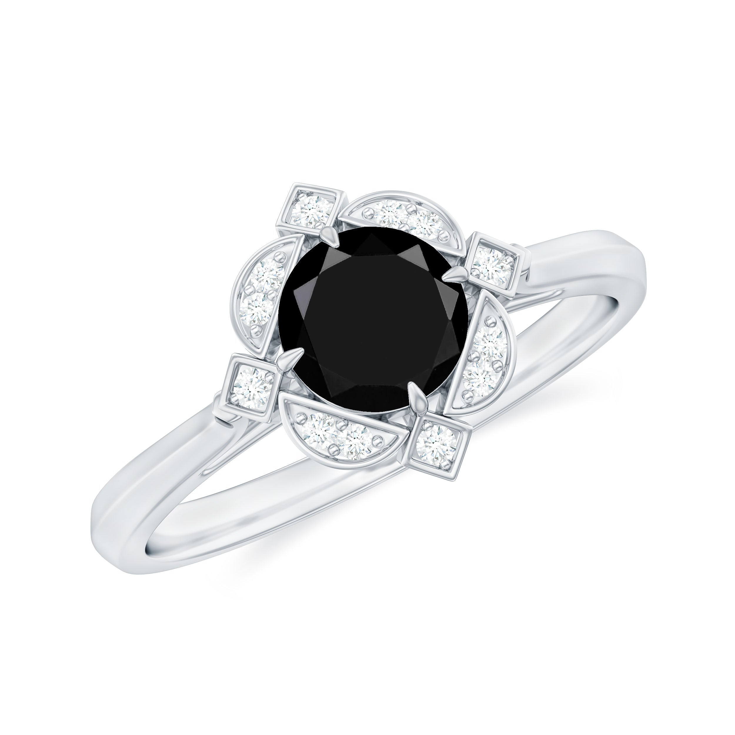 Vintage Style Black Spinel and Diamond Engagement Ring - Rosec Jewels